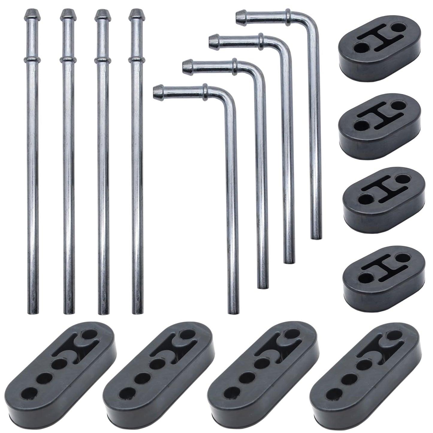 Ganluuree 16PCS Rubber Exhaust Hanger Rod Set Heavy Duty 3/8"(10MM) Rod 90°7.6" Long + Straight 10" Long Muffler Hanger Mild Steel Zinc Coated 2 Hole 4 Hole Insulator Mount Car Automotive Replacement