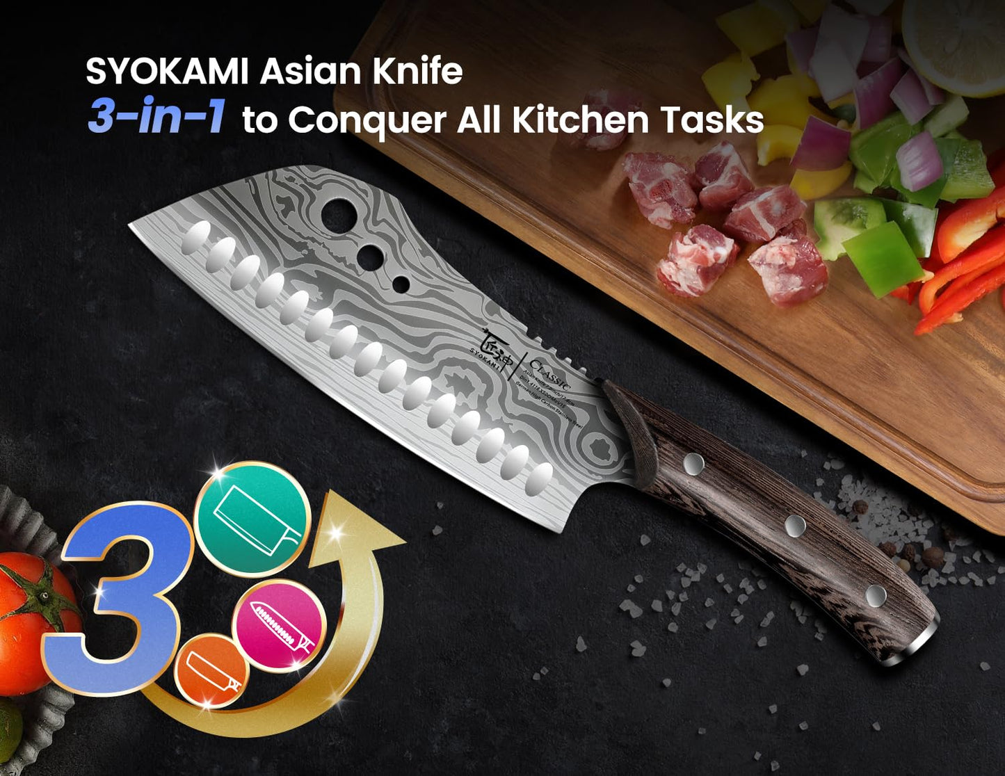 SYOKAMI 3-in-1 Kitchen Knife with Herb Stripper, 7" Asian Knife Combined with Chef Knife, Santoku, Nakiri, Ideal for All-Around Food Preparation—Slicing, Chopping, Dicing, Mincing, Thanksgiving Gifts