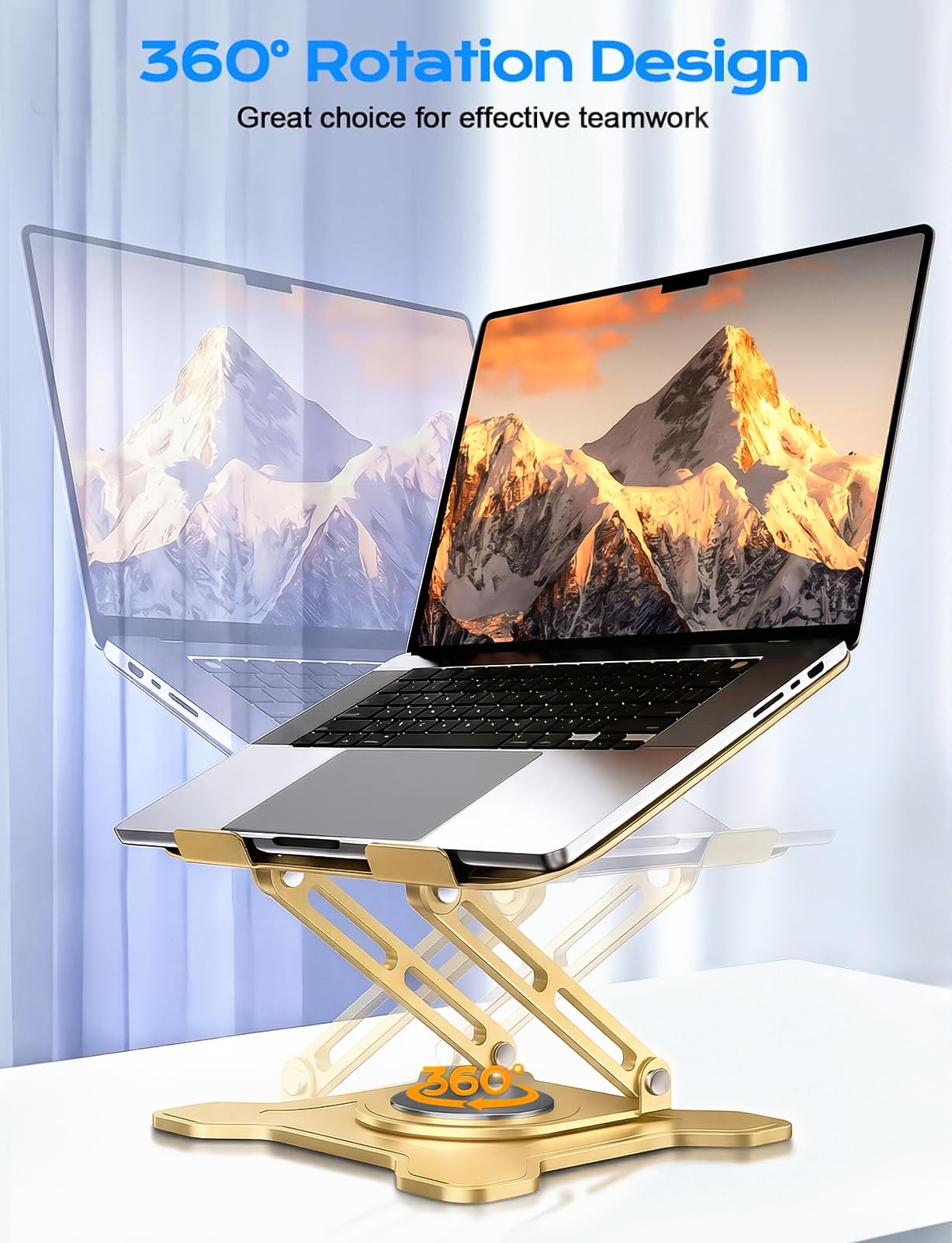 JCZT Adjustable Laptop Stand for Desk, 360° Rotating Base Ergonomic Computer Stand, Laptop Riser Foldable Protable for Office Home Fits Compatible with MacBook Pro/Air Notebook up to 10-16" Gold