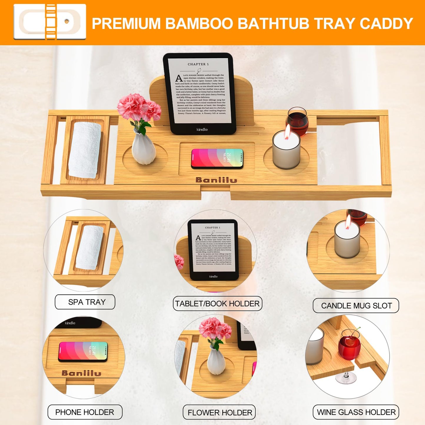 Bathtub Tray Caddy - Bath Tray - Bath Tub Tray - Bath Tray for Bathtub - Expandable Size, Fits Most Tubs