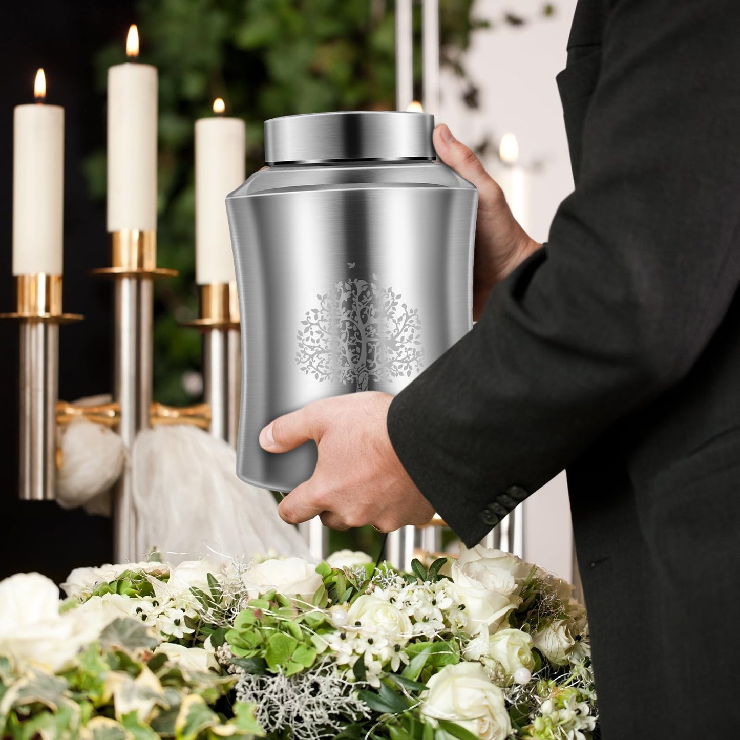 Large Cremation Urn for Adult Human Ashes, Male Female Decorative Urn with Laser Engraved Tree of Life and Velvet Pouch(Forever in My Heart)