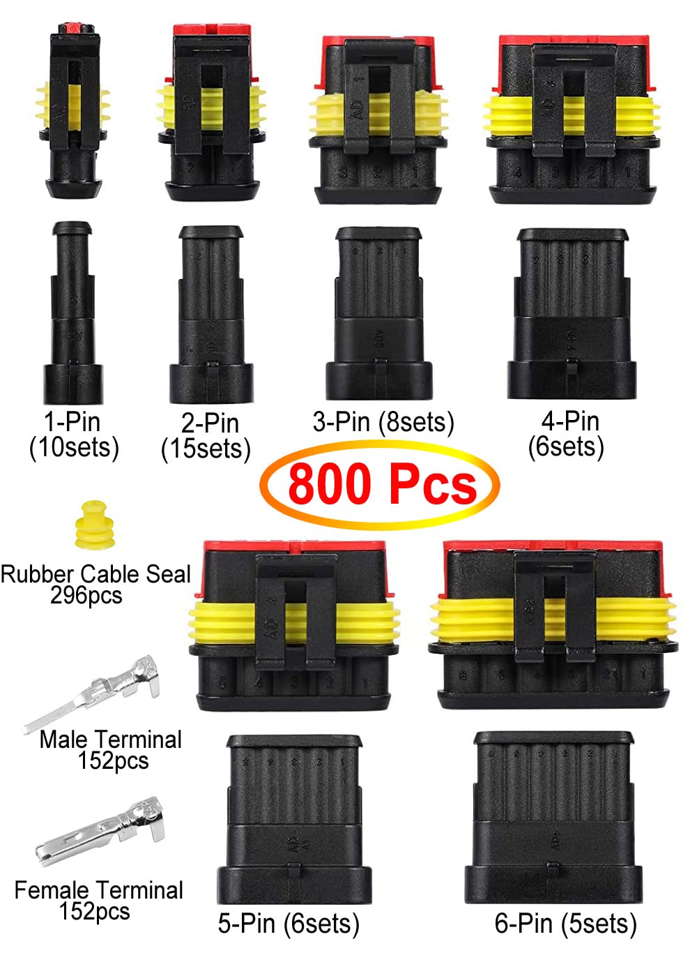 Twippo 800Pcs 50 Sets Waterproof Automotive Electrical Connectors Electrical Wire Connectors Plug Kit 1/2/3/4/5/6 Pin Waterproof Connectors with Ratchet Crimping Tool