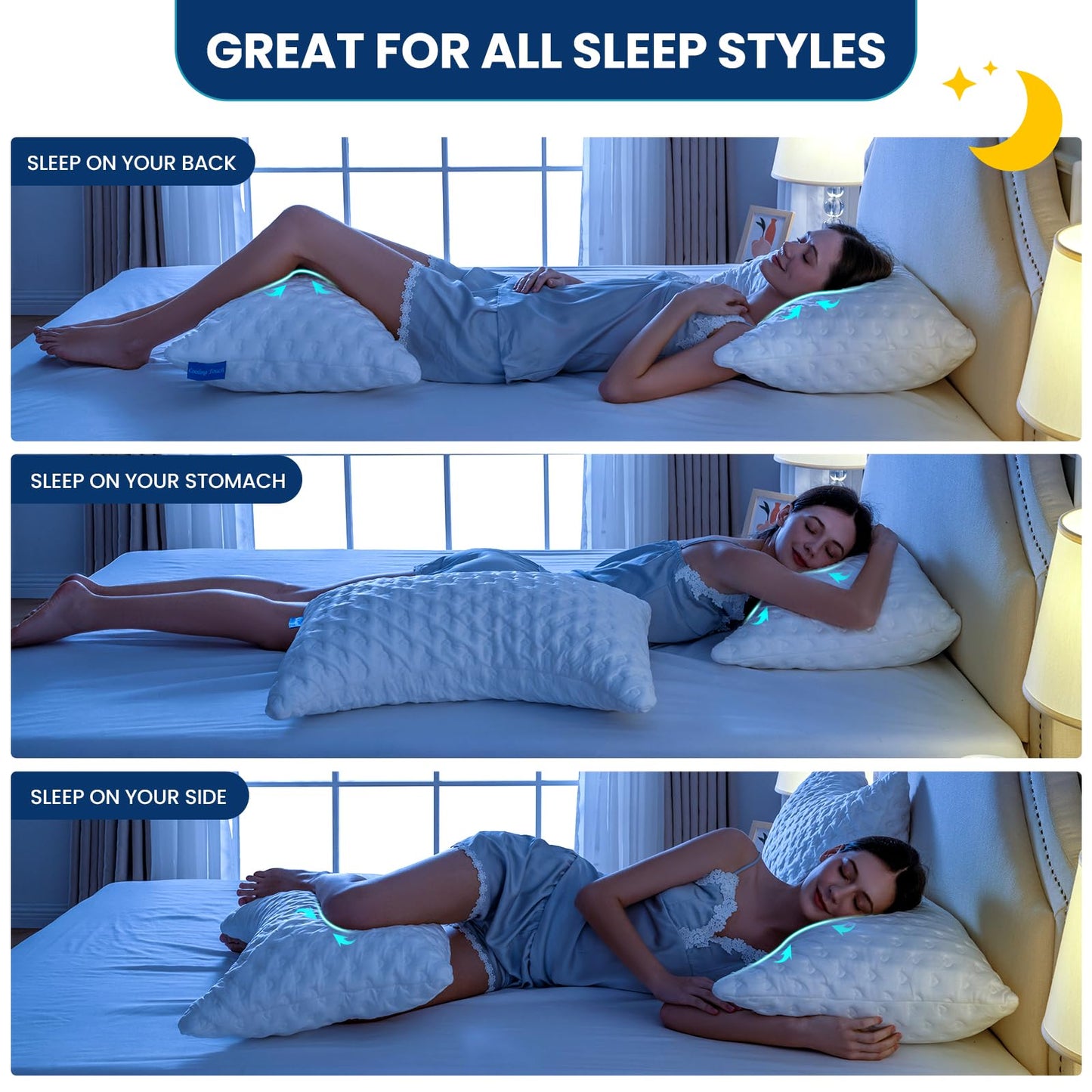 Cooling Side Sleeper Pillows for Adults, Curved Pillow for Neck and Shoulder, Shredded Memory Foam Pillows, Adjustable Crescent Pillow with Extra Fill, Queen Size Set of 2