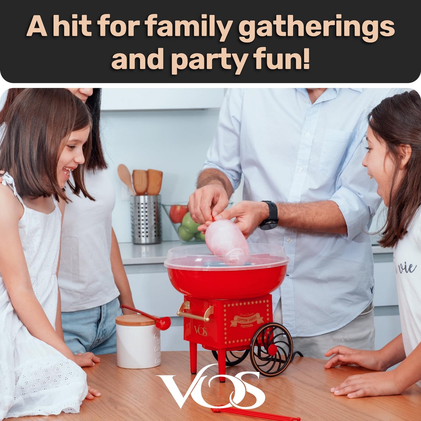 VOS Mini Cotton Candy Machine for Kids, Red Retro Sugar Candy Maker, Cotton Candy Maker Machine Kit: includes 15 Candy Sticks & 1 Sugar Scoop – Ideal for Home Use, Small Parties & Intimate Gatherings