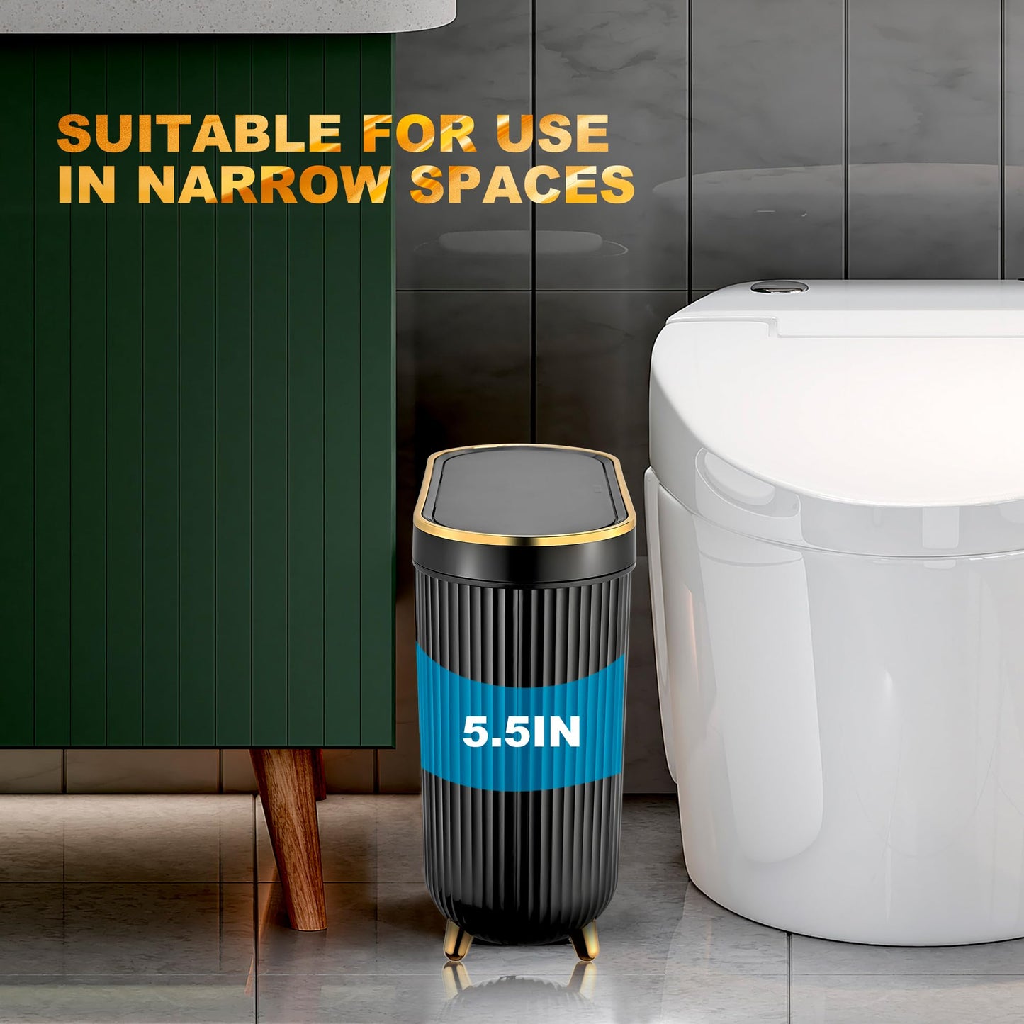 Supteron Bathroom Trash Can with Lid 3.2 Gallon Narrow Trash Can Small Plastic Trash Bin 12 Liter Rectangular Plastic Garbage Can with Press Type Lid for Bedroom Bathroom