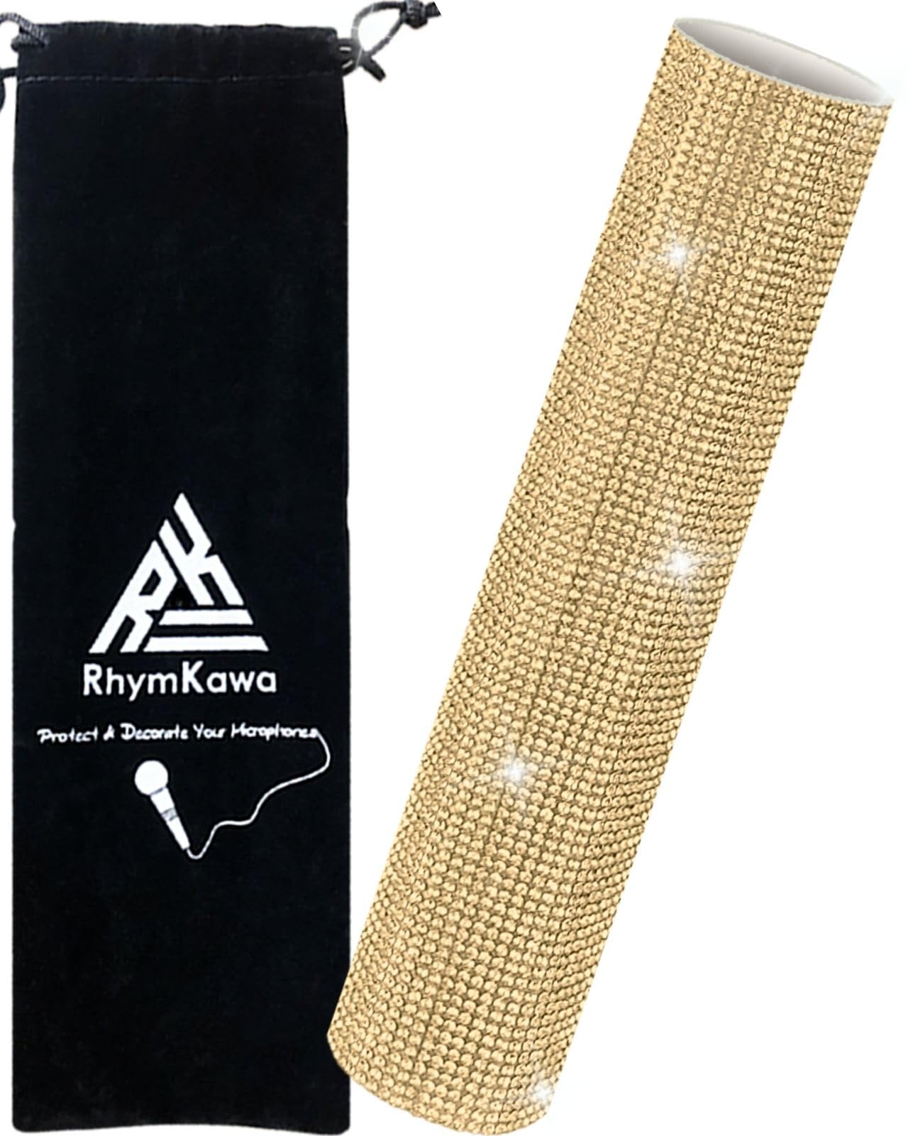 RhymKawa Bedazzled Rhinestones Wireless Microphone Cover Bling for Universal Cordless Mic Beta 58a SM58 Beta87 PG58 Handle Replacement, Eyes Catching for Event Party, Champagne Gold