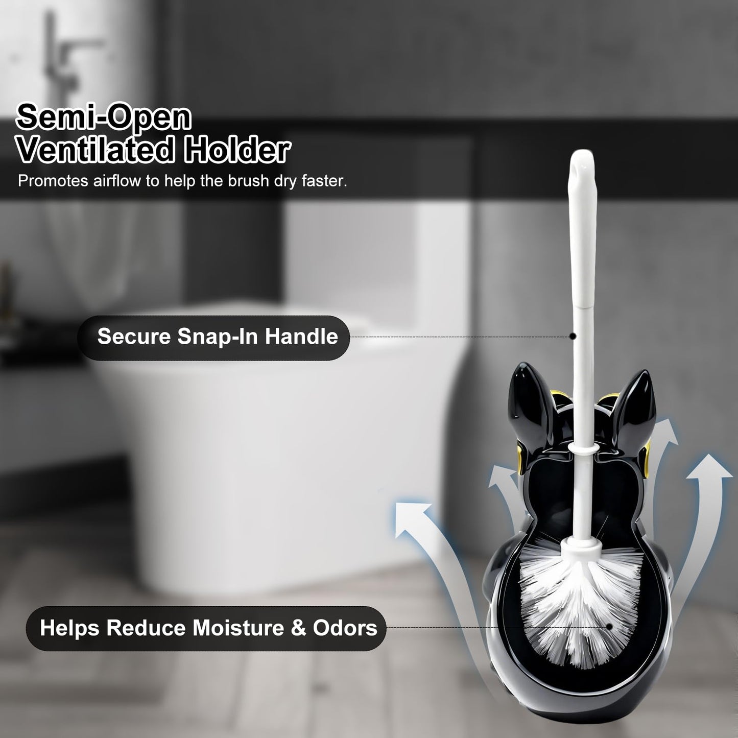 Home Luxe Bulldog Toilet Brush and Holder Set, Resin Decorative Dog Design, Weighted Non-Tip Base, Long Handle, Stiff PP Bristles (Suit & Shade - Black)