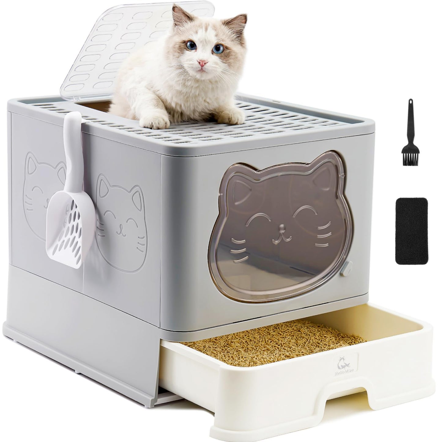 HelloMiao Fully Enclosed Cat Litter Box with Lid, Foldable Extra Large Cat Toilet, Drawer Type Cat Litter Tray with Plastic Scoop, Suitable for Cats Under 17.6Ib(8kg)