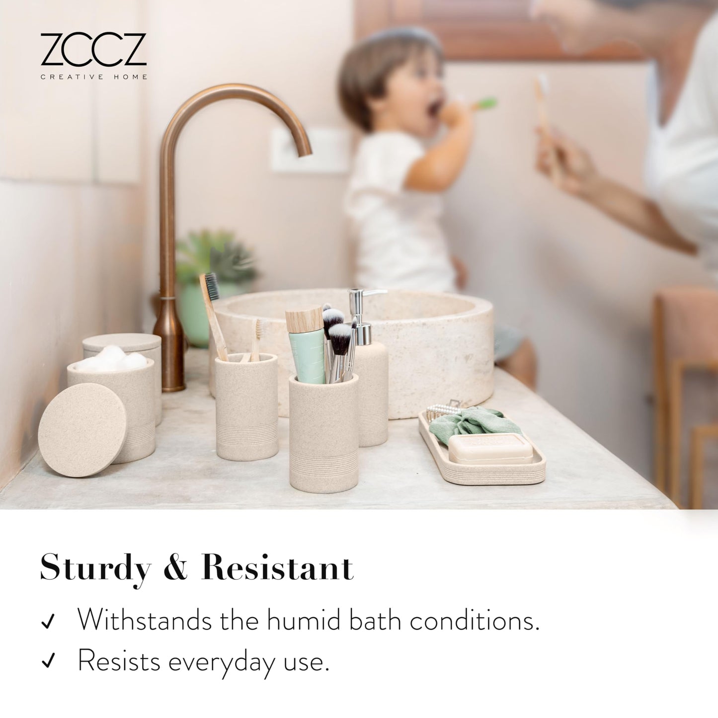 zccz Beige Bathroom Accessory Set 6 Pcs - Soap Dispenser, 2 Qtip Holder Dispenser, Toothbrush Holder, Vanity Tray, Bathroom Tumbler - Decorative Countertop Vanity Organizer - Accessoire Salle De Bain