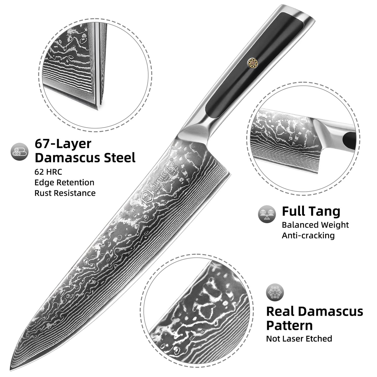Sunnecko 8 Inch Chef Knife - Ultra Sharp 10-12° Japanese Damascus Knife, VG10 67 Layers Forged Kitchen Knife for Meat Cleaver & Vegetable Slicing, Full Tang Professional Cooking Gift for Father’s Day