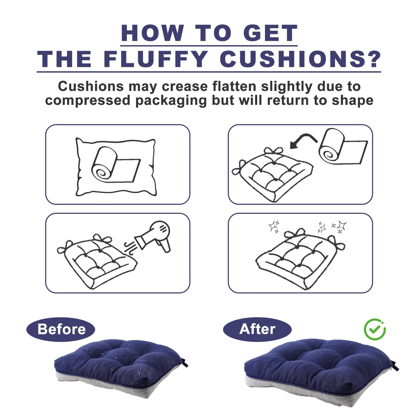 Battilo Chair Cushions Set of 2 for Reading Seats, Seat Cushions for Kitchen Dining Chairs with Non-Slip Backing, Indoor/Outdoor Waterproof Chair Seat Pads with Ties, 40cm x 40cm x 10cm, Navy