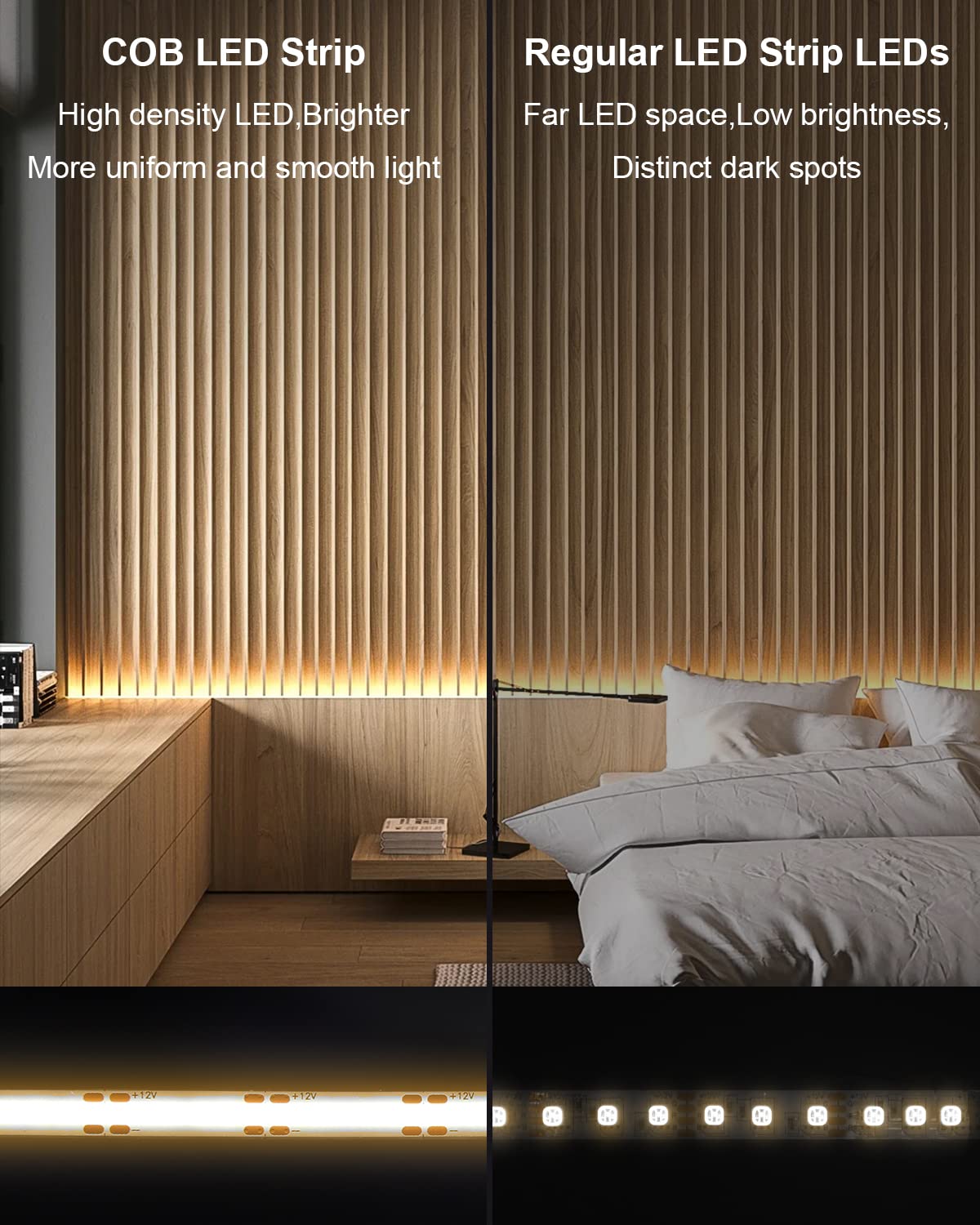 ALITOVE Dimmable COB LED Strip Lights Warm White 3000K 16.4ft 5m 12V CRI 90+ Flexible Under Cabinet Tape Light for TV Backlight Bedroom Kitchen with DIY Accessories Power Adapter Dimmer