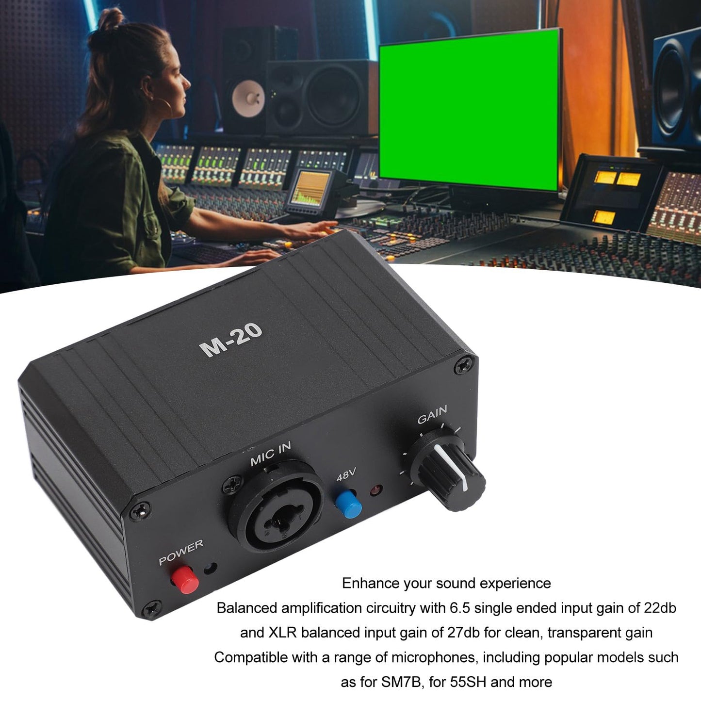 Mic Preamp with High Gain, 48V Phantom Power XLR Output for Dynamic and Condenser Microphones, Microphone Booster