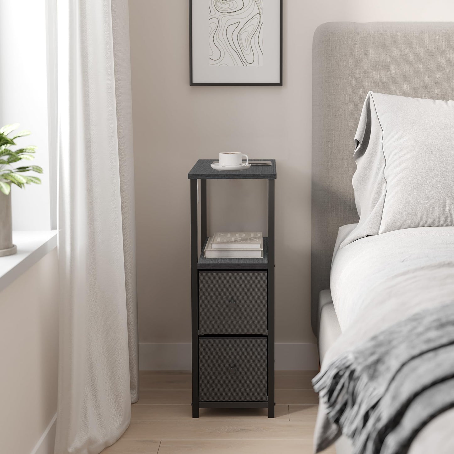 TUTOTAK Small Narrow End Table, Set of 2, Side Table, Nightstand with 2 Cloth Drawers, Couch Table, for Living Room, Bedroom, Bedside, Black TB01BK054CA