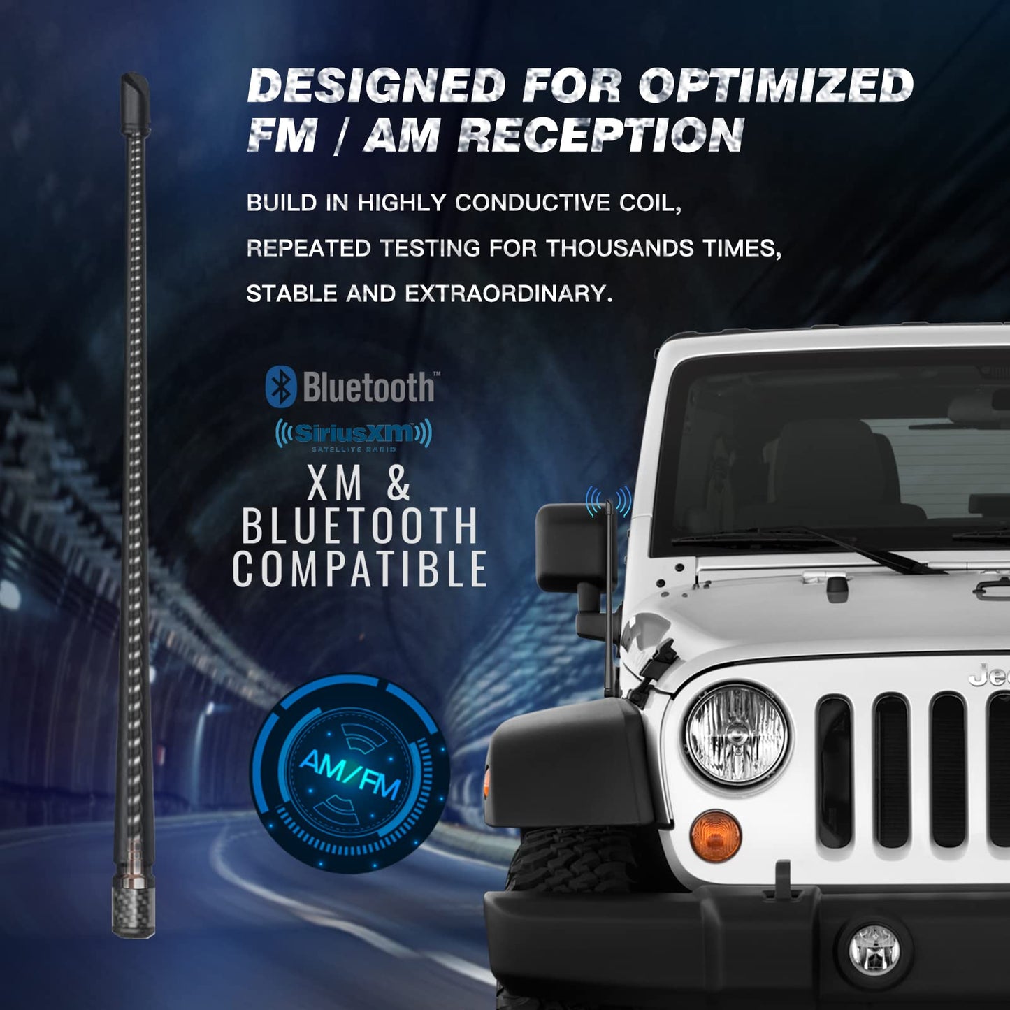 RYDONAIR Antenna Compatible with Jeep Wrangler JK JKU JL JLU Rubicon Sahara (2007-2024) | 13 inches Flexible Rubber Antenna Replacement | Designed for Optimized FM/AM Reception