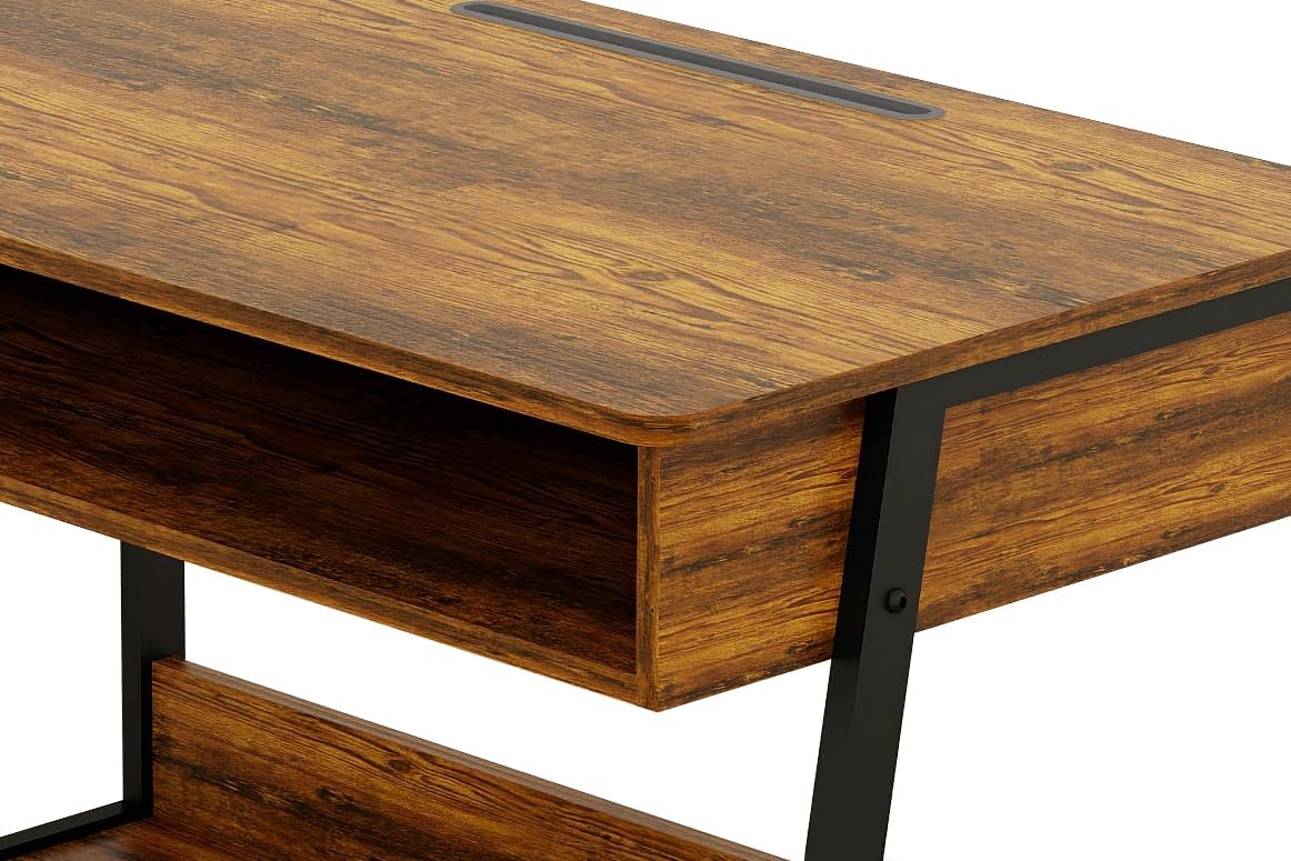 Computer Desk, Small Office Desk, Bureau Gaming Desk, 31.5 inch Study Table, Sit Stand Desk with Drawers, Bureau de Bureau de Travail, Rustic Brown Wood Desk with Black Metal Frame