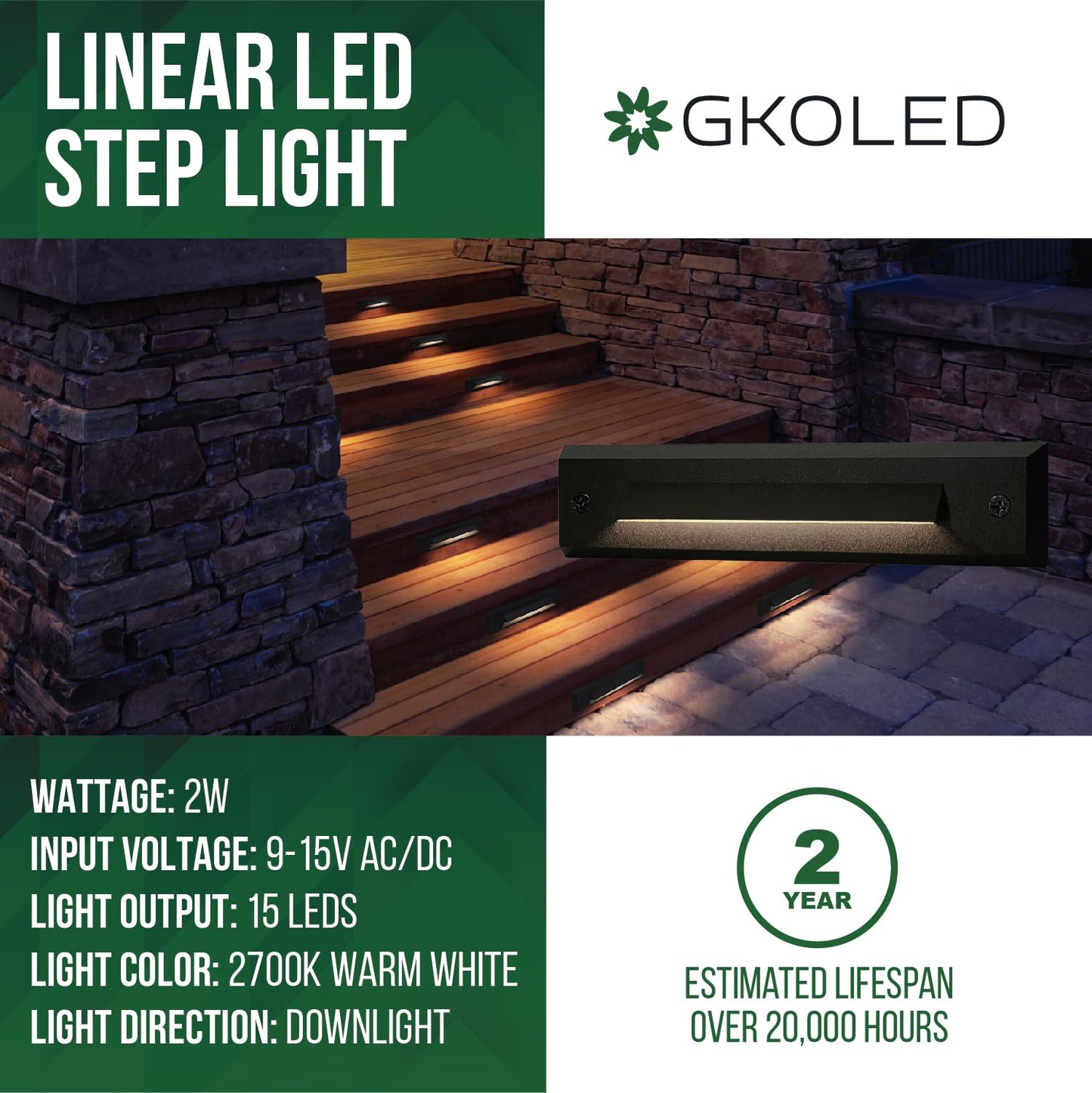 GKOLED 6-Pack Low Voltage 9-15V AC/DC LED Linear Step Lights, 2W Landscape Cutoff Stair Riser Light, Outdoor Waterproof Accent Lighting Fixtures, Die-cast Aluminum with Black Powder Coated Finish
