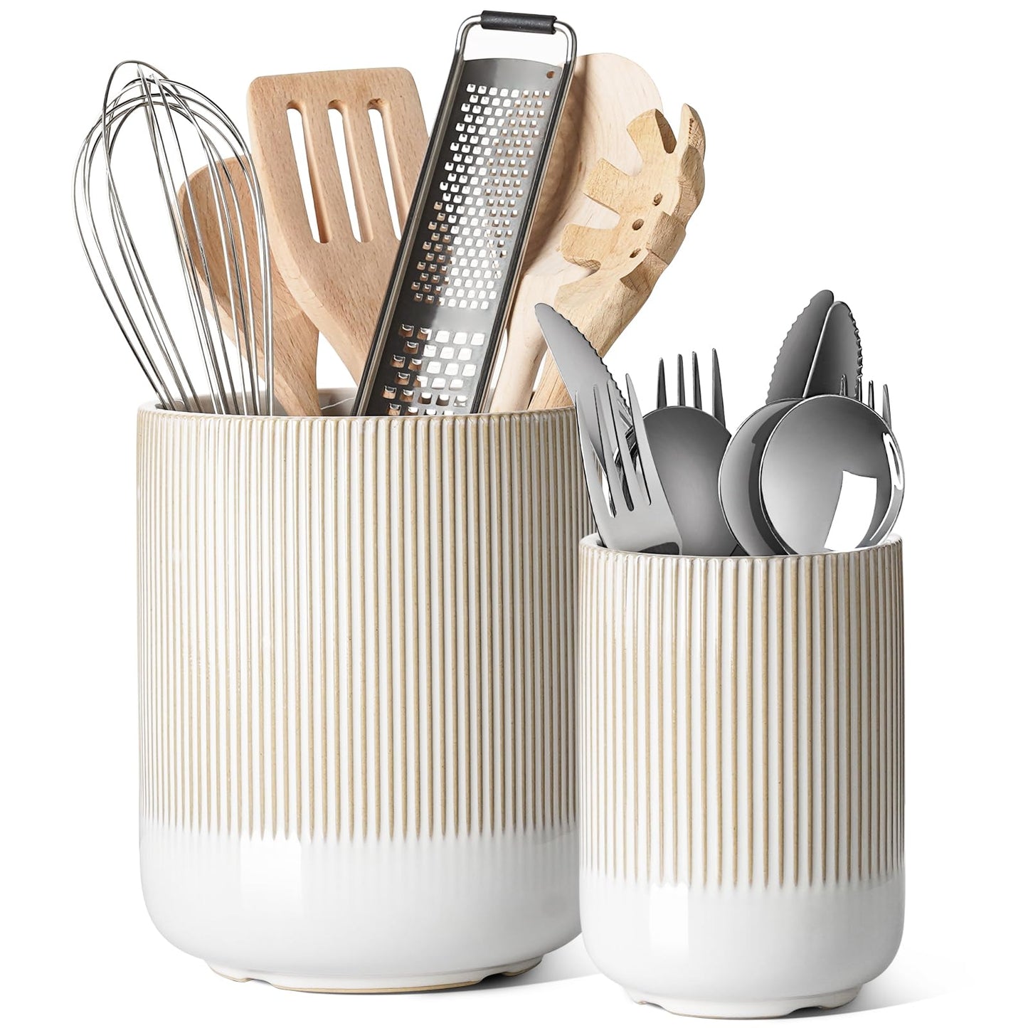 LE TAUCI Utensil Holder, Set of 2, 7.3"+5.4" Ceramic Kitchen Utensil Holder for Counter, Large Cooking Utensil Crocks for Kitchen Decor, Morden Utensil Organizer for Spatula, Reactive Glaze White