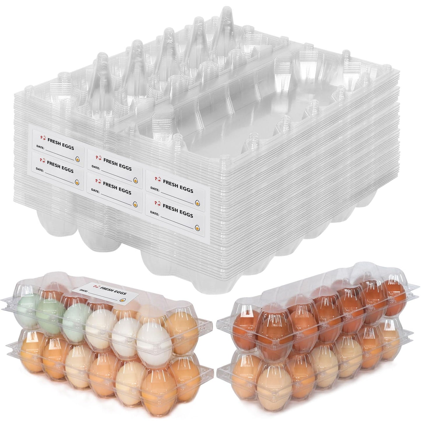 60 Packs Egg cartons cheap bulk，Plastic Egg Carton for 12 Eggs， Clear Egg Carton 2 * 6 Grids，Perfect for Refrigerator Chicken Farm Markets Commercial Business Market Display, Large