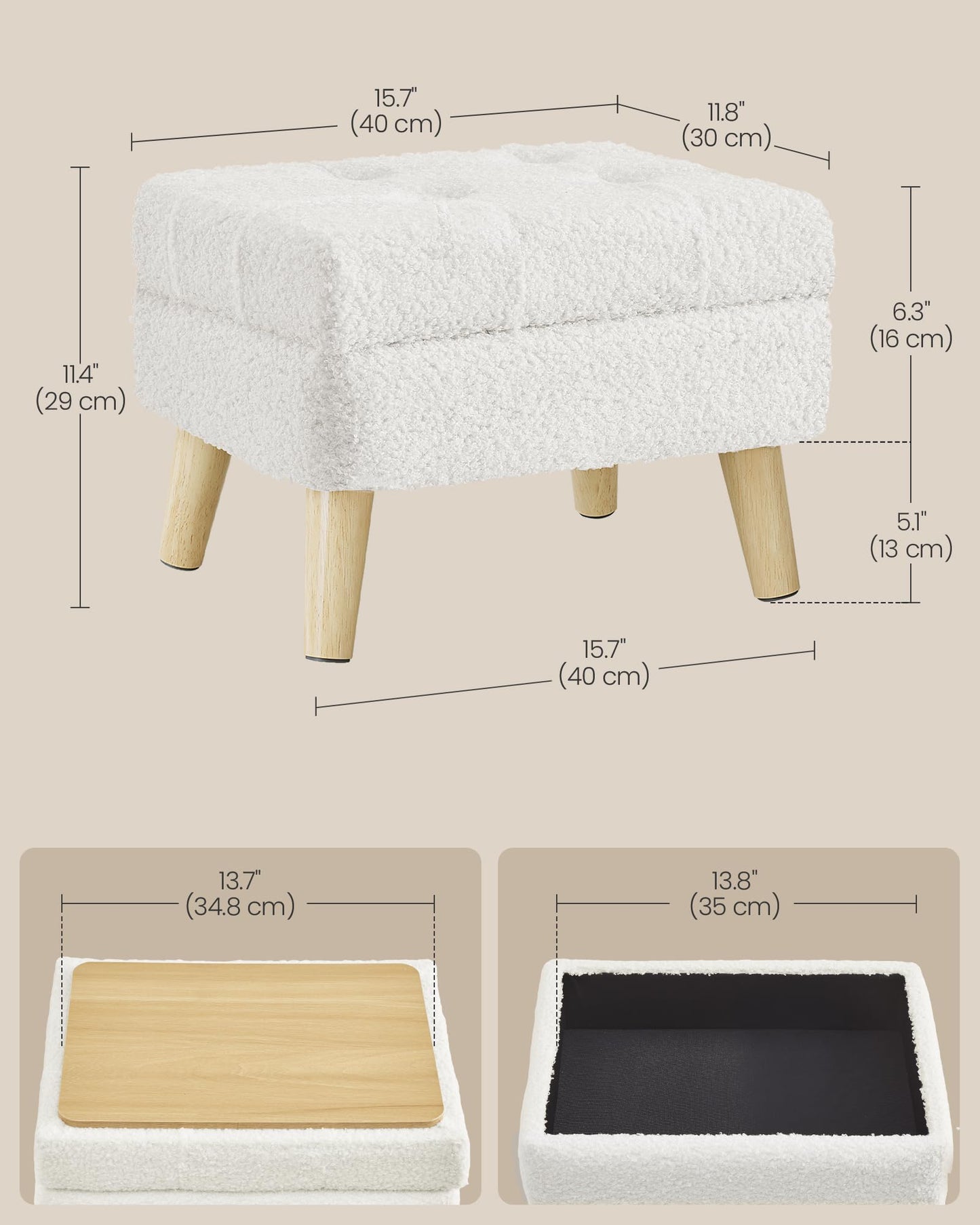 SONGMICS Storage Ottoman, Foot Stool, Ottoman with Padded Seat, Foot Rest with Wood Legs, Small Table, for Hallway, Living Room, 30 x 40 x 30 cm, Teddy Fleece, Cream White ULOM518WD01