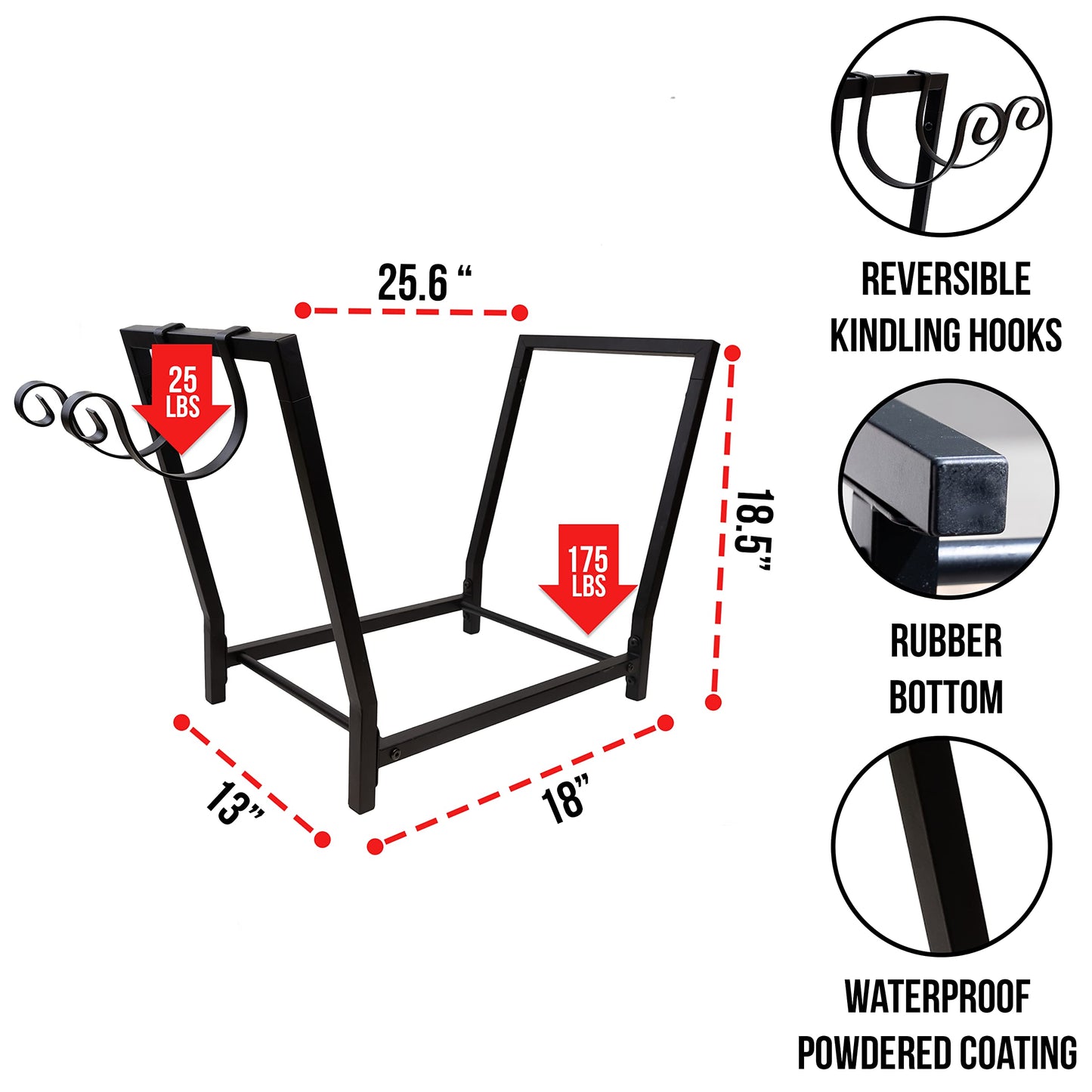 25.6 Inch Firewood rack with Hooks (Black with cover)