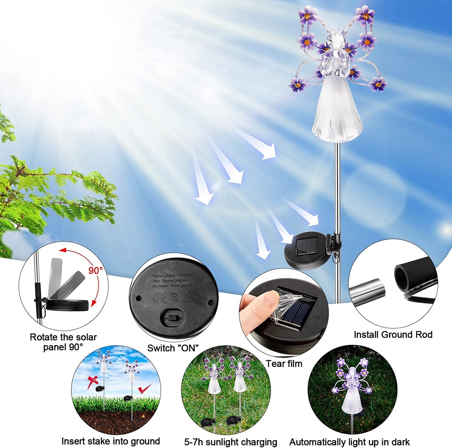 QINGYA Solar Angel Lights Outdoor-2 Pack Solar Garden Stake Lights with 7 LEDs for Cemetery Grave Decorations,Eternal Light Angel for Memorial Gifts, Christmas Yard Art, Sympathy Gifts