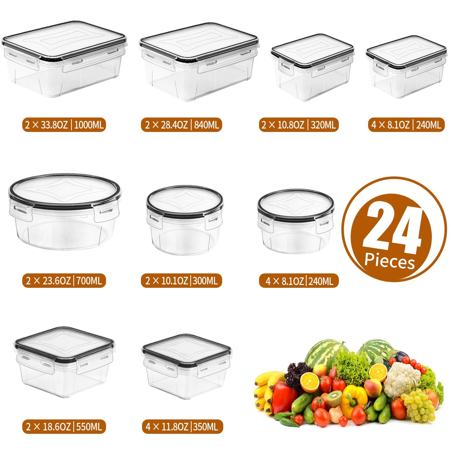 24 Pack Meal Prep Containers, PRAKI Food Storage Containers set with Lids