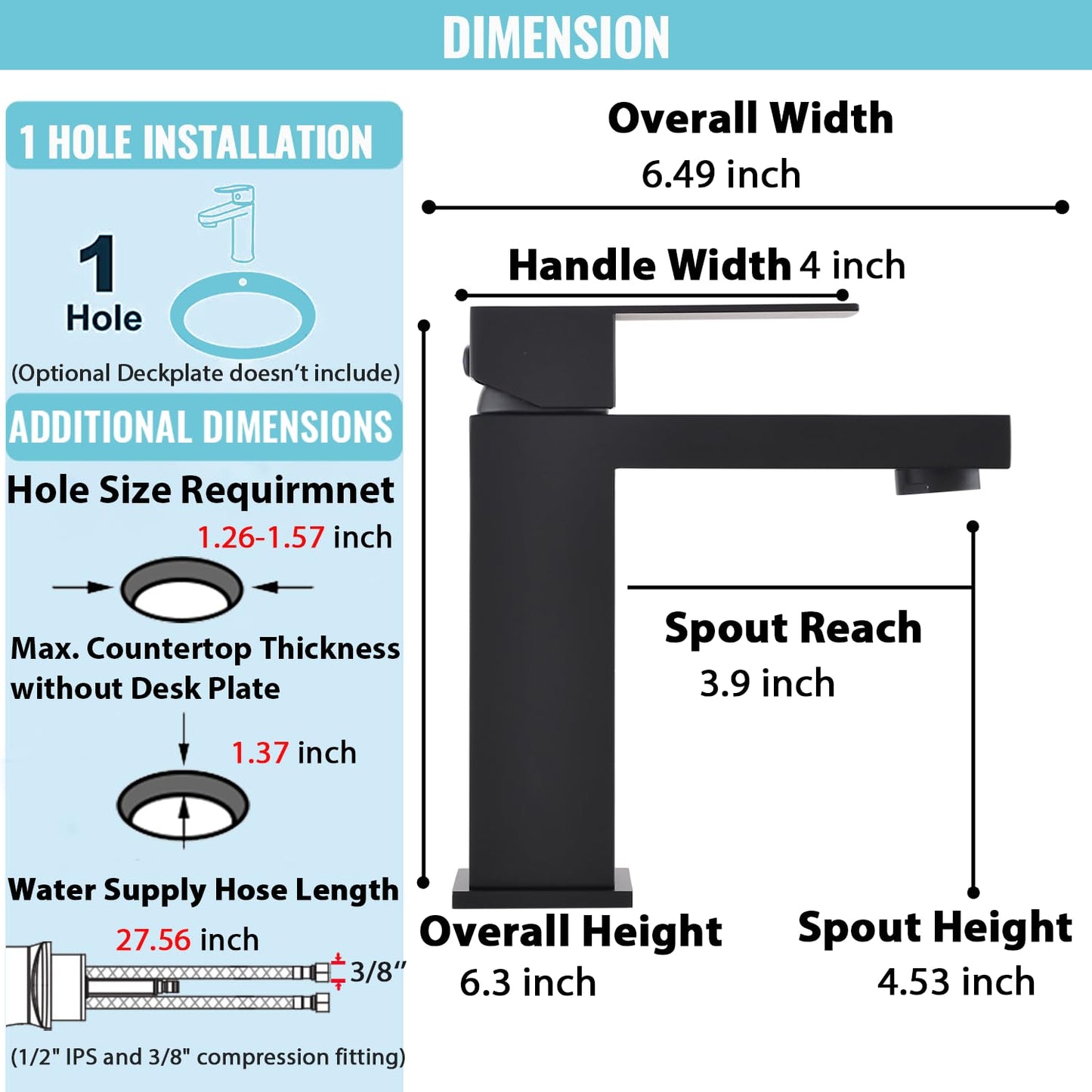 Matte Black Bathroom Faucet, Single Handle Bathroom Sink Faucet, Stainless Steel Bathroom Faucet with Pop Up Drain, 1 Hole Bathroom Faucet for RV Camper Farmhouse Lavatory Bar Vanity Sink, BF011B