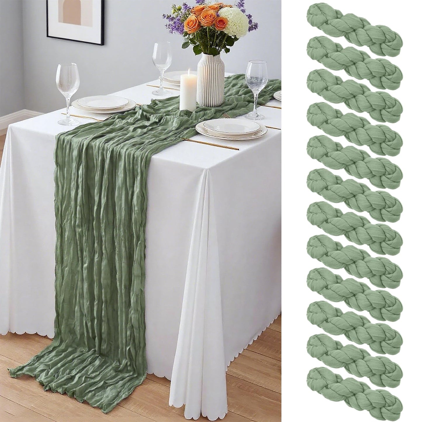 12 Pack Sage Green Cheesecloth Table Runner 10Ft, Gauze Table Runners 21.5 x 120 inch,Semi Sheer Cheese Cloth Fabric Runner Bulk for Wedding,Party,Baby Shower,Bridal Shower