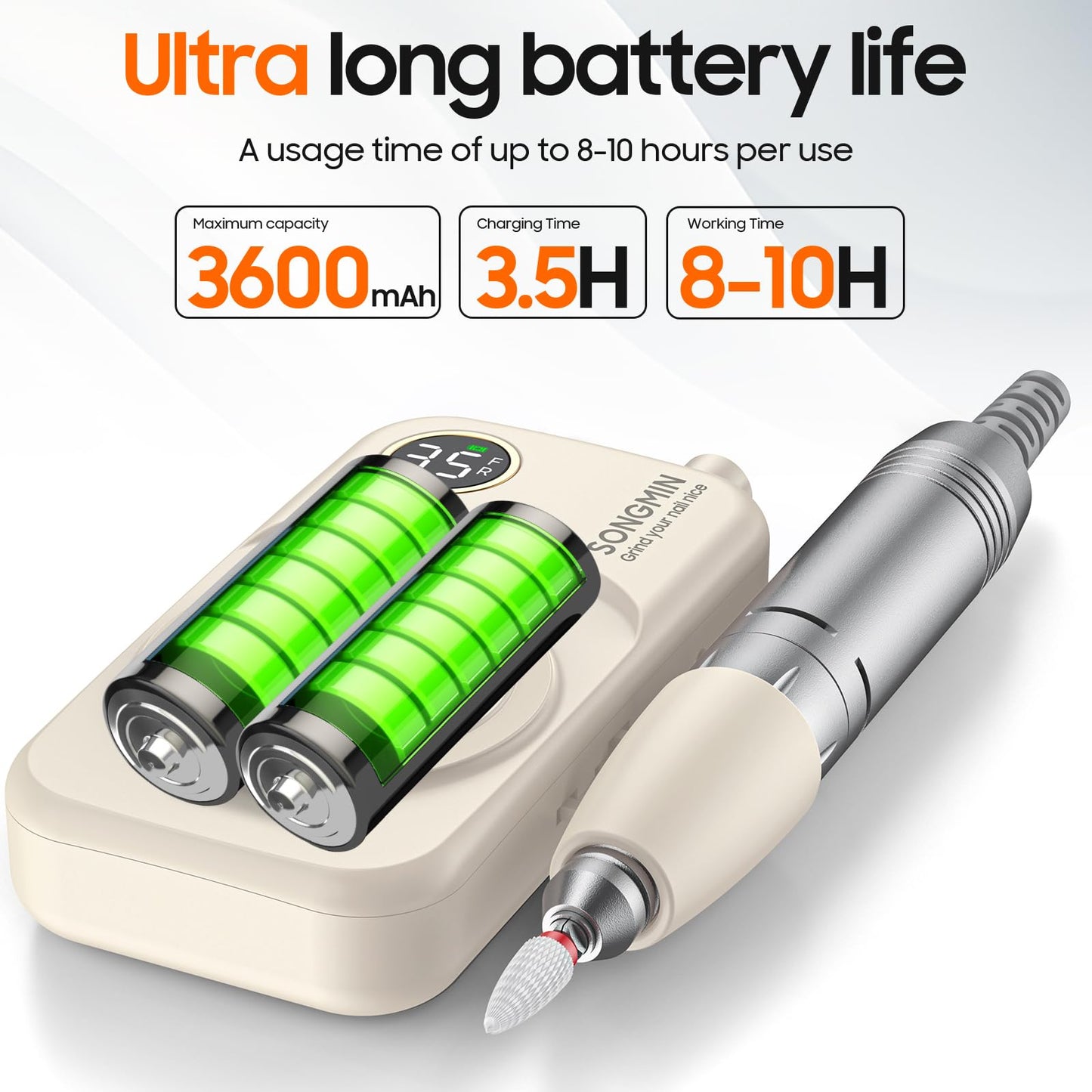 Professional Nail Drill 35000 RPM,SONGMIN Portable Cordless Efile with Bits Kit for Acrylic Nails Gel Polishing Removing,Rechargeable Electric Nail File Machine for Manicure,Pedicure Salon Home,White