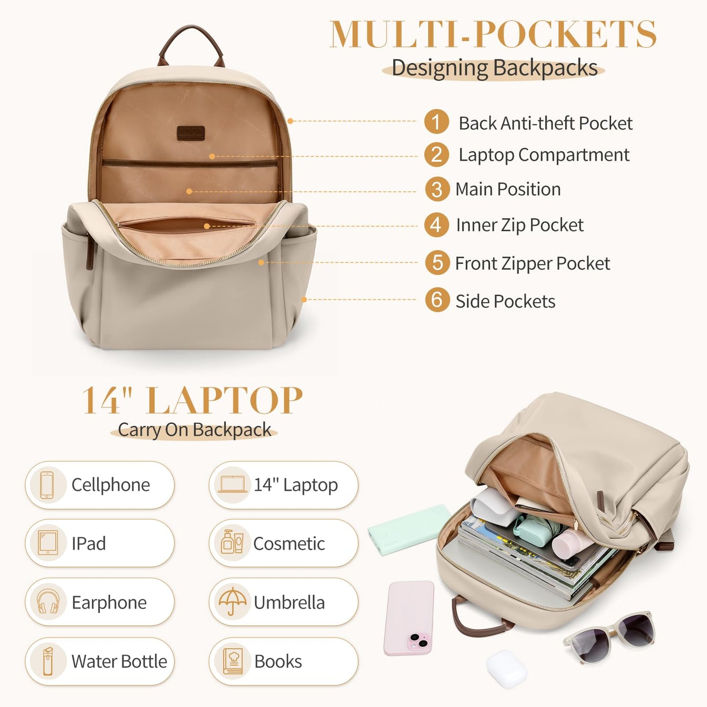 Stylish Laptop Backpack for Women Computer Bag Fits 14 Inch Notebook Travel College Work Backpacks Purse (Apricot)