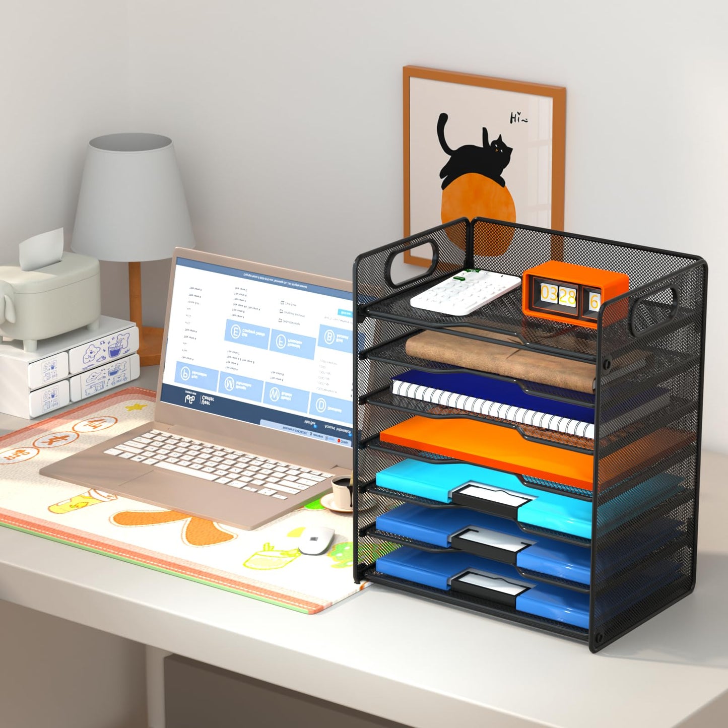 Samstar 7 Tier Paper Letter Tray, Mesh Desk File Organizer File Sorter Rack Shelves with Handles, Black