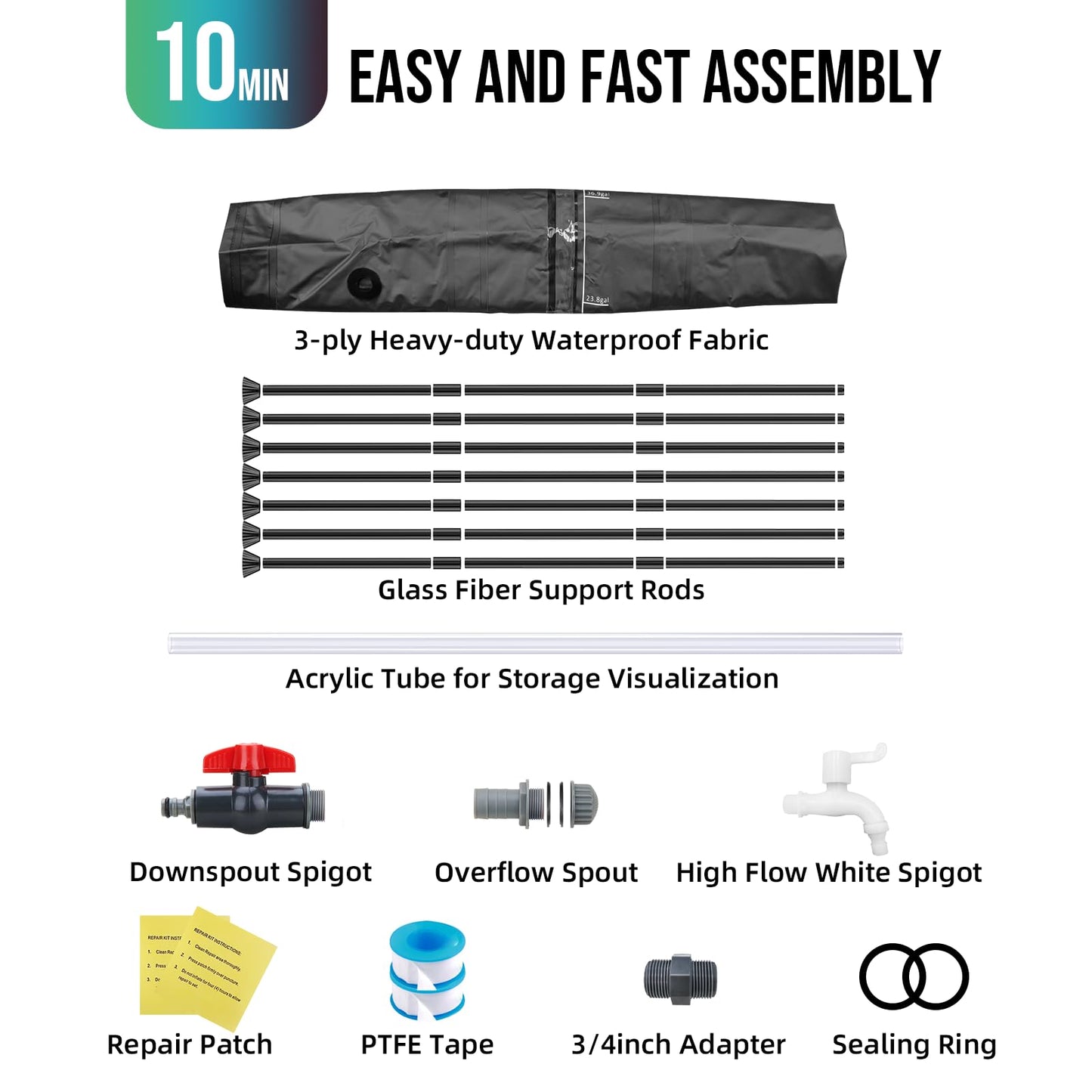 Collapsible Rain Barrel Water Collection System - 100 Gallon Portable Water Storage Tank,Foldable Rainwater Collect System Downspout, Water Catcher Container with Filter, Spigots＆Overflow Kit,Black