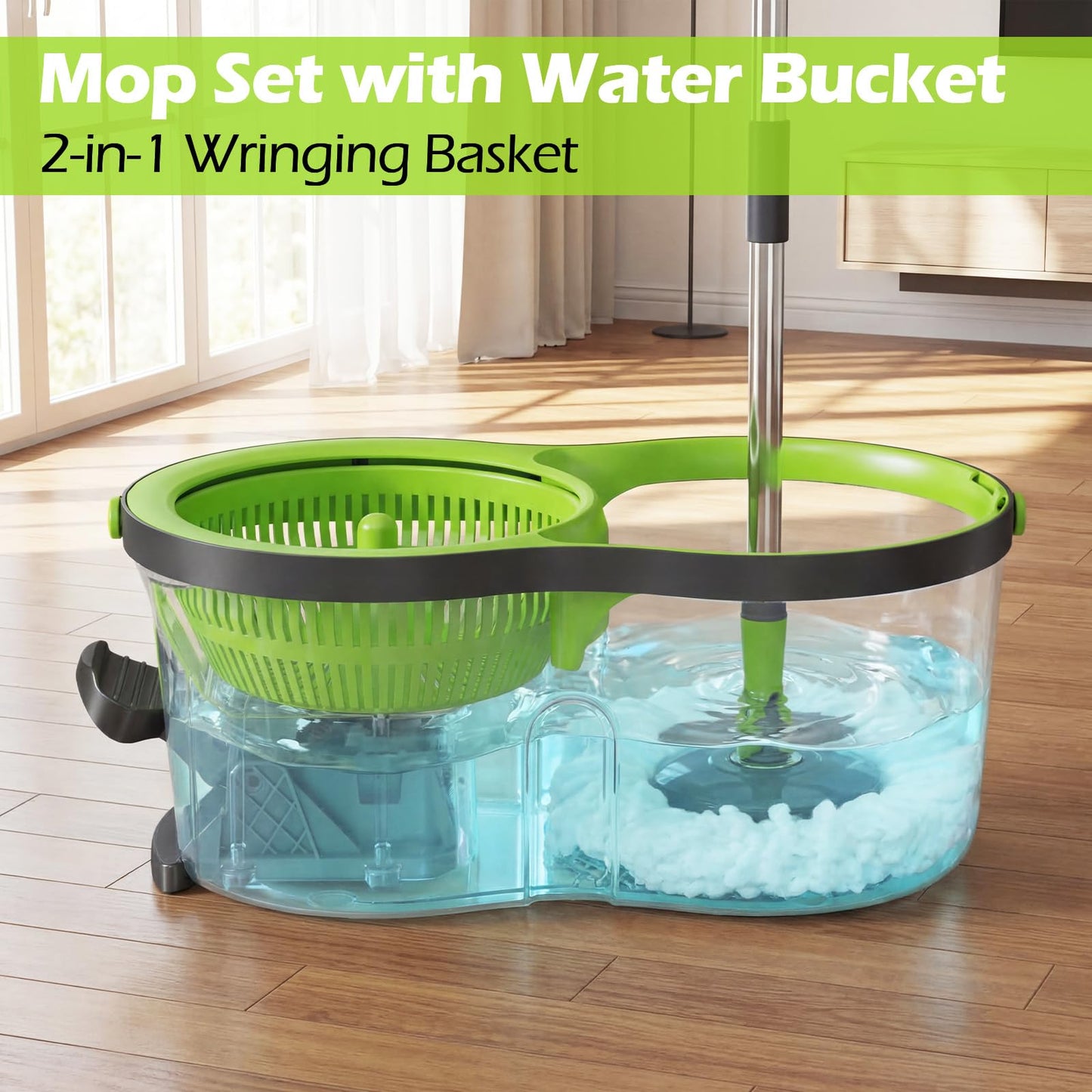 Almcmy Spin Mop and Bucket Set, Mop Bucket with Foot Pedal Wringer System, 3 Reusable Mop Refills, 130cm Long Handle, Easy Wring Magic Mop Floor Cleaning System, Green