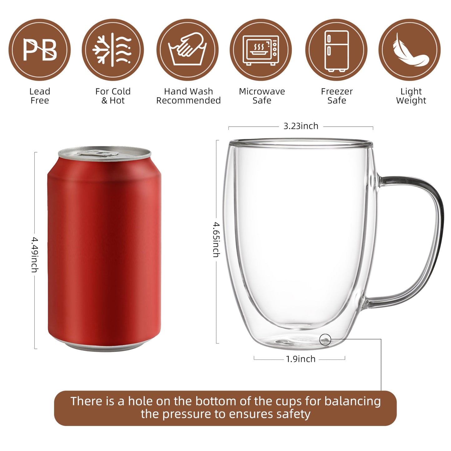 CNGLASS 6 Pack Double Walled Glass Coffee Mugs，12oz Clear Coffee Cups with Handle，Insulated Glass Espresso Mugs for Latte,Cappuccino,Tea