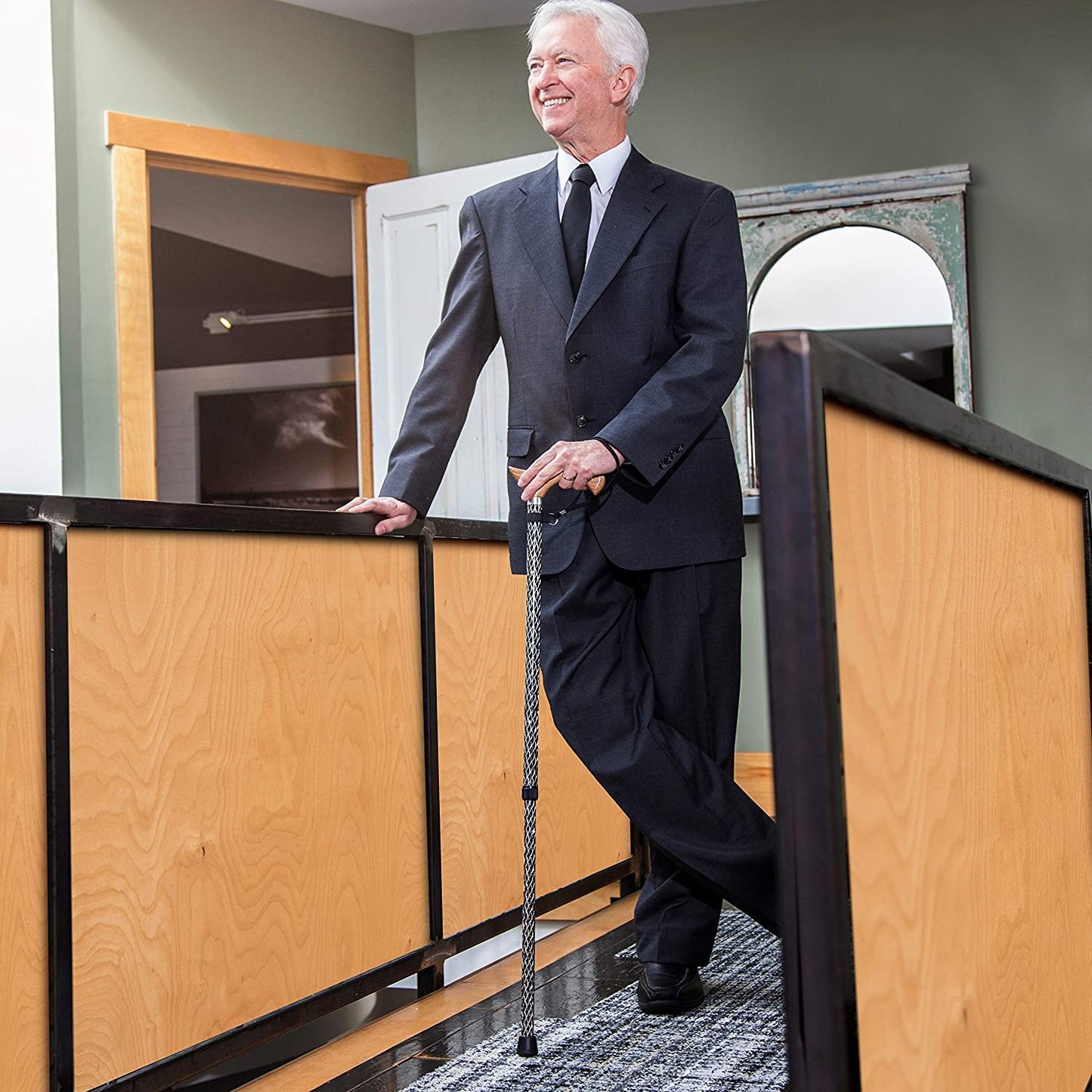 Brazos Adjustable Walking Cane for Men and Women Made of Lightweight Engraved Aluminum with Wooden Handle, Wrist Strap and Rubber Tip for Safety, Black and Silver Body with Red Oak Handle