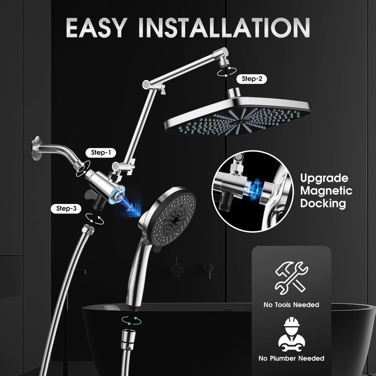 SANISANO High Pressure 12" Rainfall Shower Head with Magnetic 4.7" 9-Mode Handheld Spray Combo, Adjustable Height/Angle Extension Arm, 59'' Extra Long Shower Hose (Chorme)