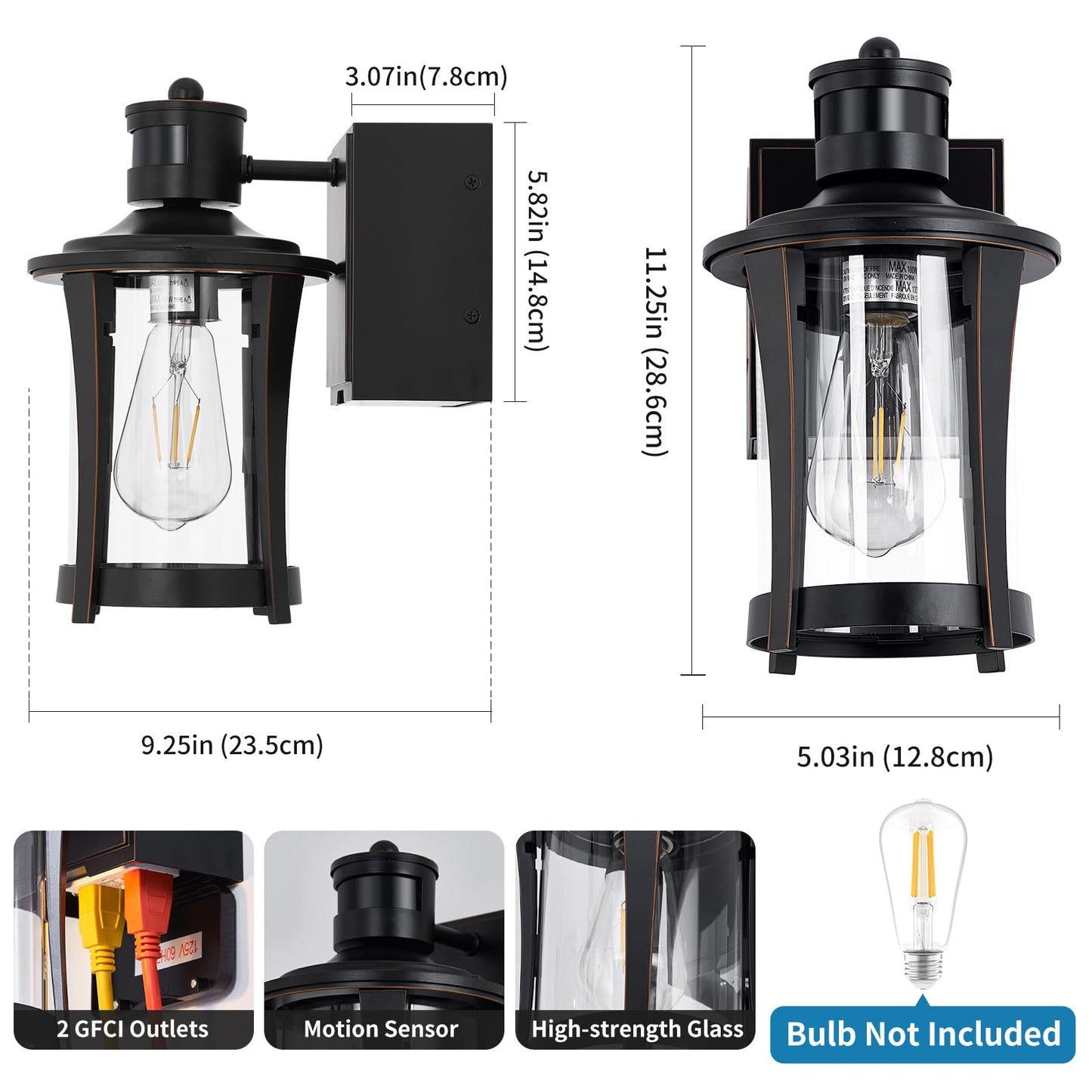 Yisuro Porch Lights with GFCI Outlet, Outdoor Lights Dusk to Dawn Motion Sensor, 3 Lighting Modes Exterior Light Fixture Waterproof for House Front Door Patio, Black