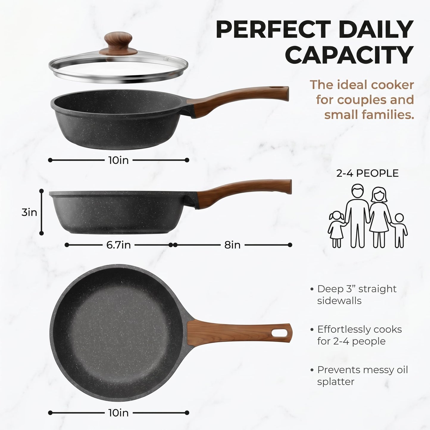 YASHE 24CM/3.3L Nonstick Deep Frying Pan w/Glass Lid, Dishwasher Safe