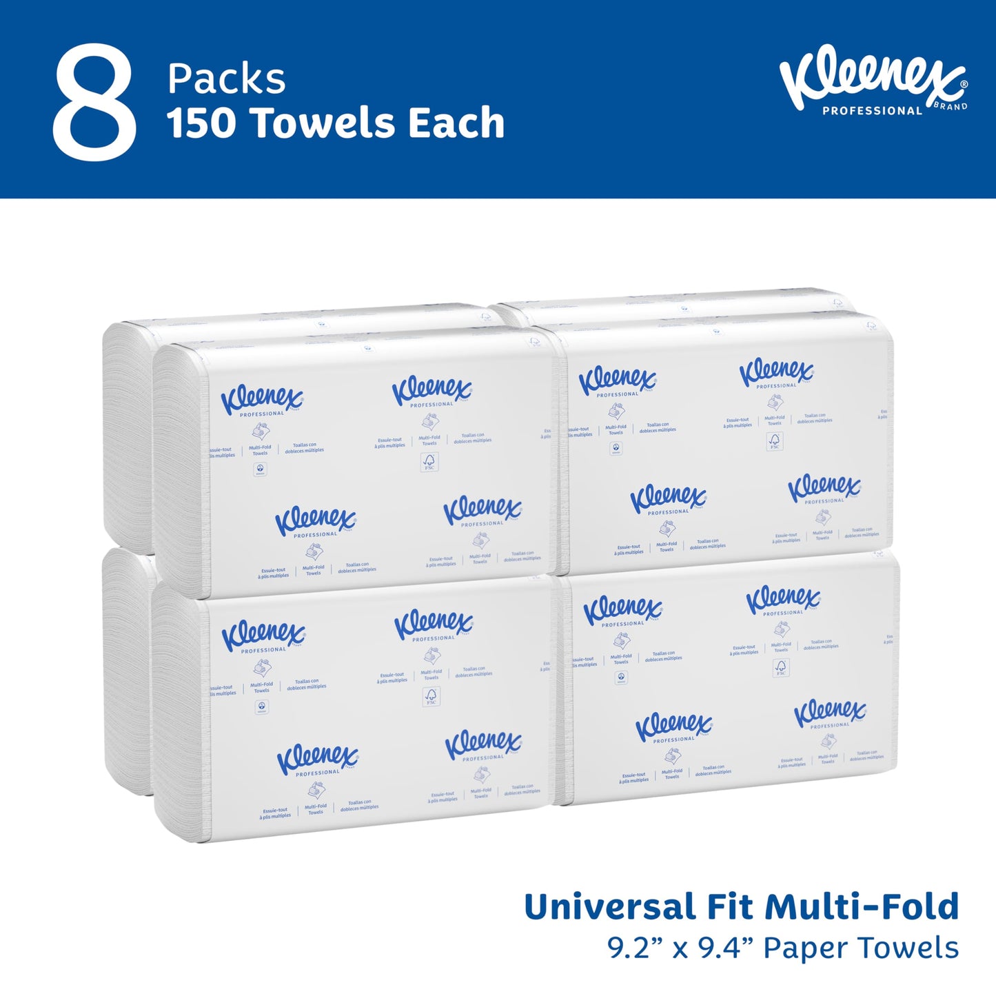 Kleenex Professional Universal Multifold Paper Towels, Bulk (02046), Absorbency Pockets, 9.2" x 9.4" Towel, White (150 Sheets/Pack, 8 Packs/Case, 1,200 Sheet Total)