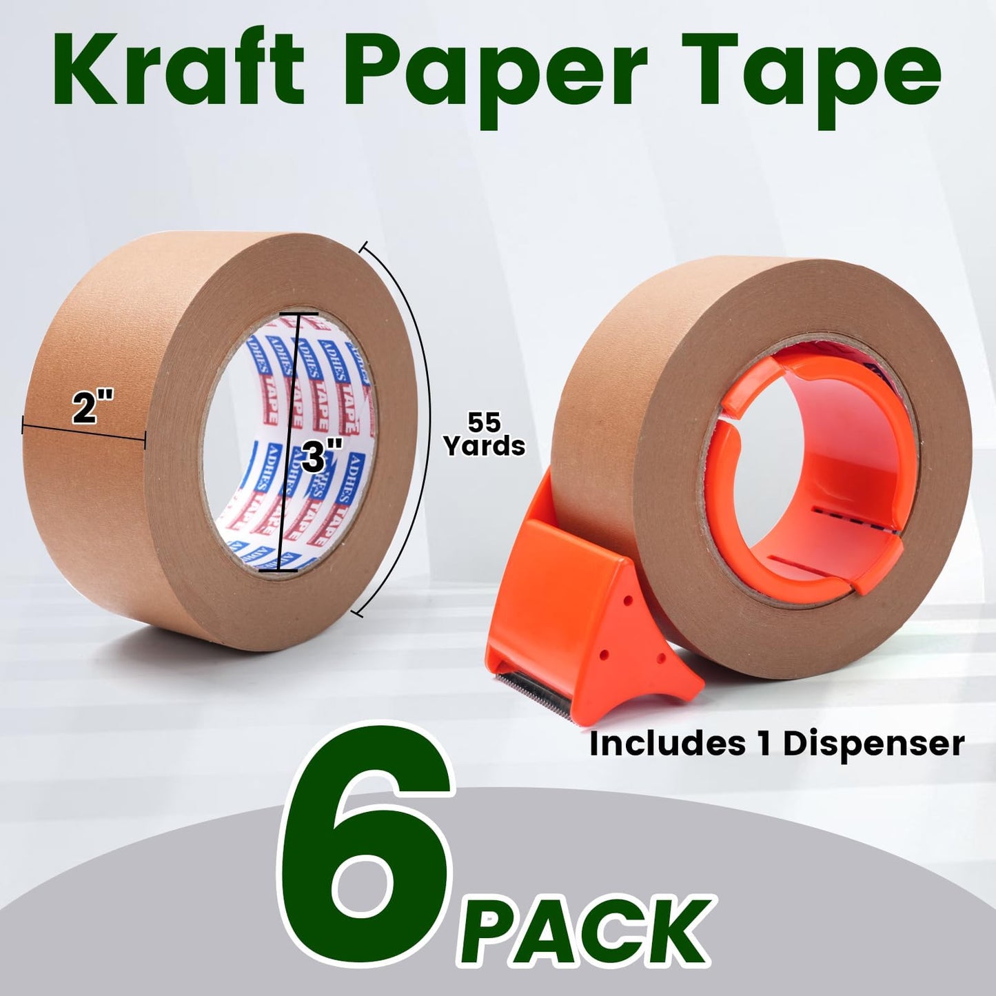 ADHES Kraft Paper Tape with Dispenser, 2 in x 55 yds x 6 Rolls – Eco Friendly Brown Packing Tape, Strong Adhesive, Easy Cut Tape Dispenser for Shipping, Moving & Packaging
