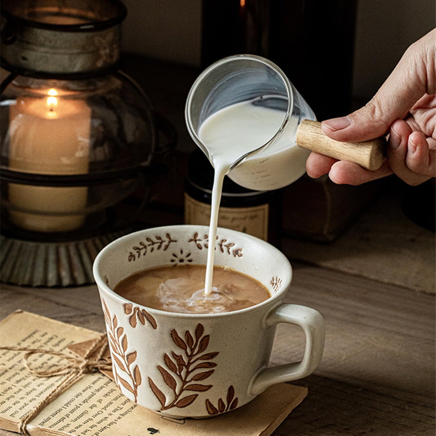 Swuut 12oz Vintage Ceramic Coffee Mug Set of 4 - Handmade Rustic Pottery Countryside Coffee Mugs with Handle,Fall Winter Latte,Espresso Cappuccino,Cocoa,Tea Cups, Dishwasher Microwave Safe(Plants)