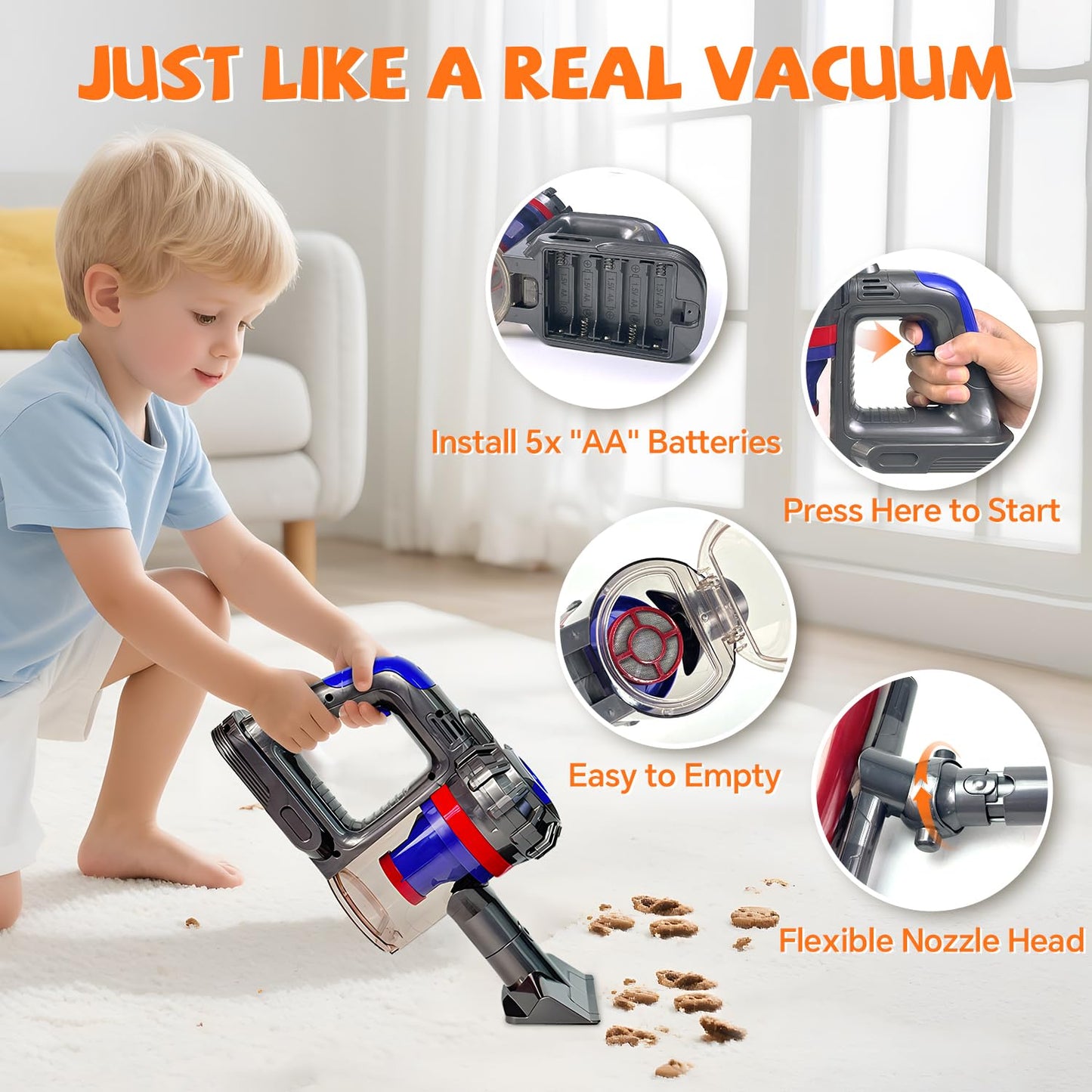 BAYMI 3-in-1 Kids Vacuum Cleaner That Works - Toddler Vacuum Cleaning Toy Set, Kids Working Play Vacuum Cleaner with Real Suction, Montessori Housekeeping Toy for Toddlers 3 4 5 6+