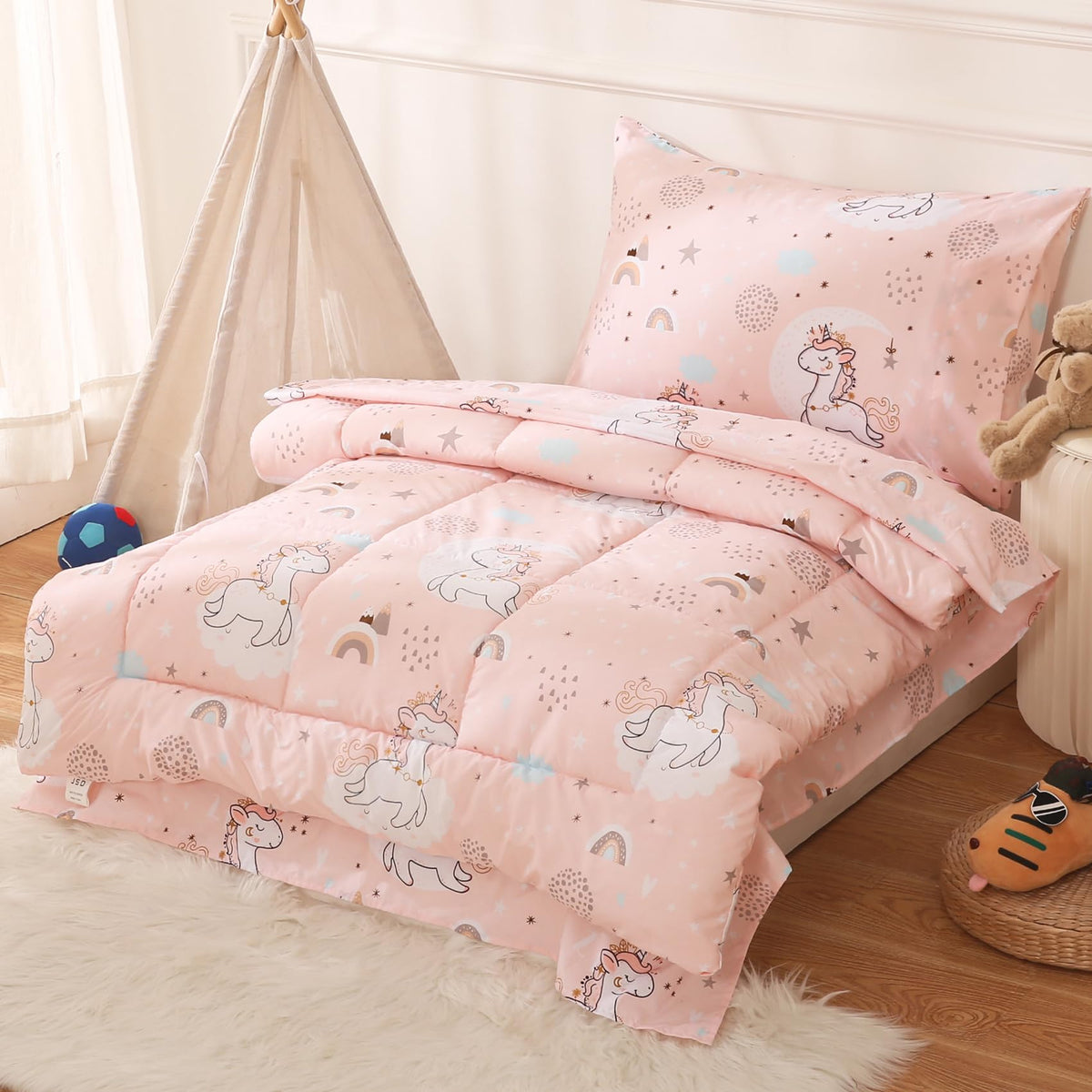 JSD Pink Unicorn 4 Piece Toddler Bedding Set, Girls Printed Microfiber Comforter Set, Includes Flat Sheet, Fitted Sheet, Quilted Comforter and Pillowcase