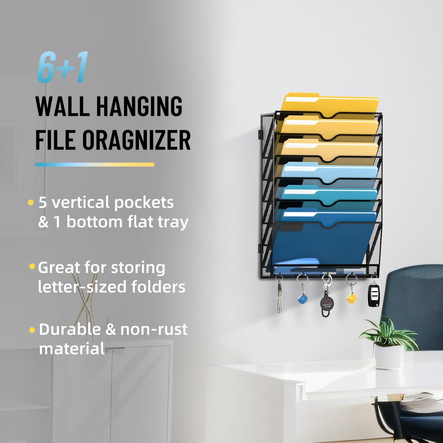 SUPEASY 7-Tier Wall File Holder Organizer with Hooks, Mesh Hanging File Organizer, Mail Organizer Wall Mounted for Papers, Folders, Office Magazine Rack, Assembly Needed, Black