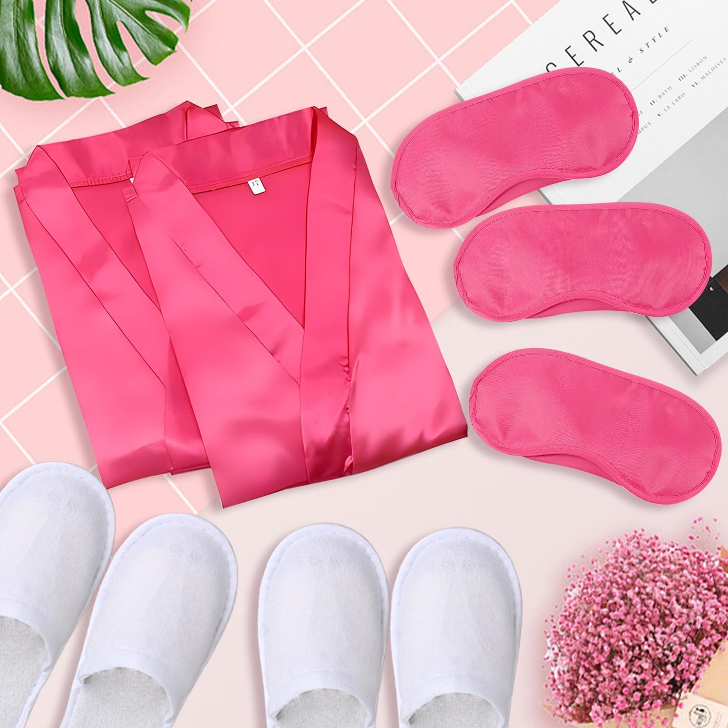 18 Pcs Spa Party Supplies for Girls 6 Satin Kimono Robe 6 Sleeping Eye Mask 6 Disposable Slippers for Flower Girl Kid Salon Pedicure Wedding Birthday Favors Washing Shower (Size 10, Rose Red)