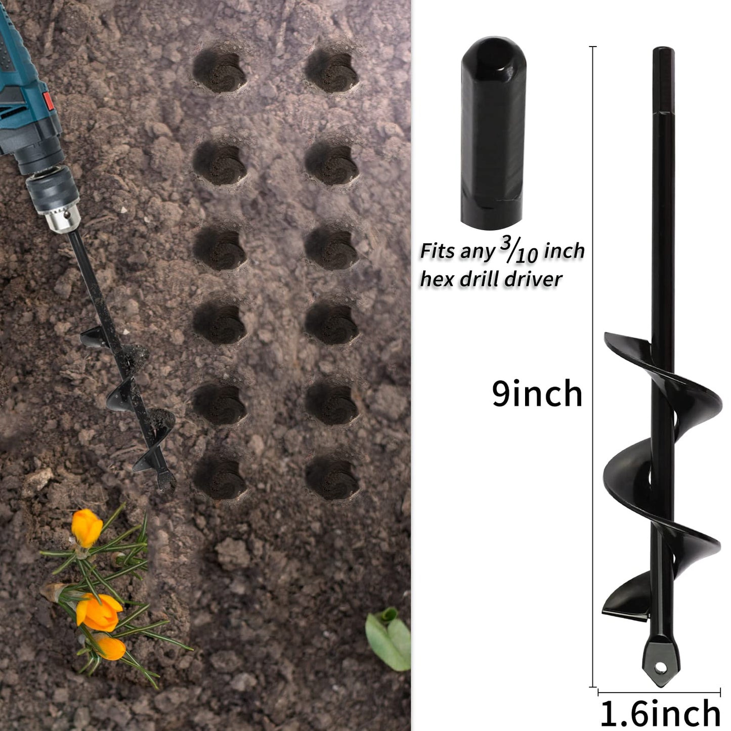 Garden Auger Drill Bit for Planting 4 Pack 1.6"x9"and 1.6"x16.5" and 3"x16.5"and 3"x12"Auger Drill Bit Plant Flower Bulb Auger Spiral Hole Drill Earth Post Umbrella Bulb Planter Auger