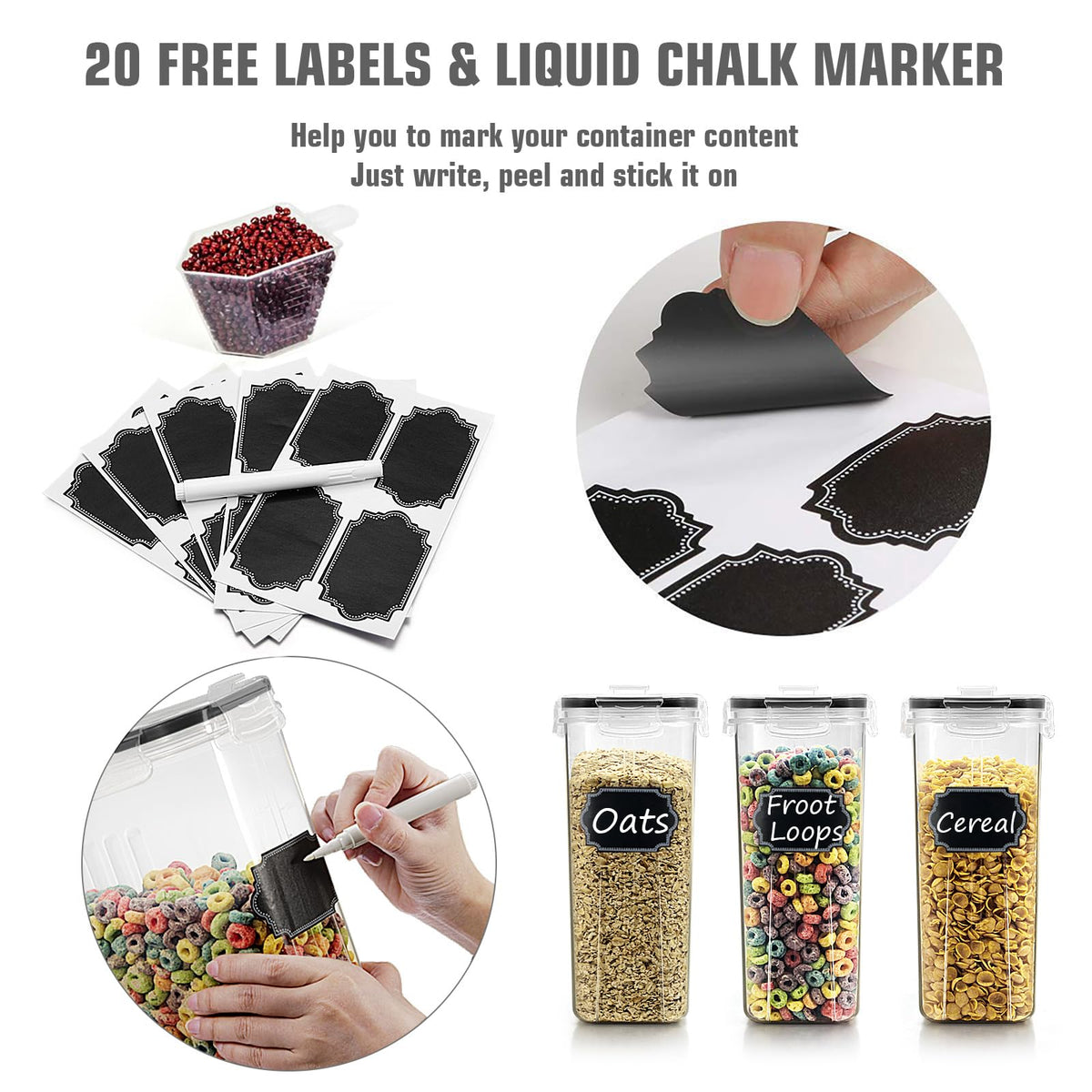 Wildone Storage Containers Set, Large BPA Free Plastic Airtight Food Containers 4L /135.3oz for Cereal, Flour, Sugar, 6 Piece Cereal Dispensers with 20 Labels & Marker, Black