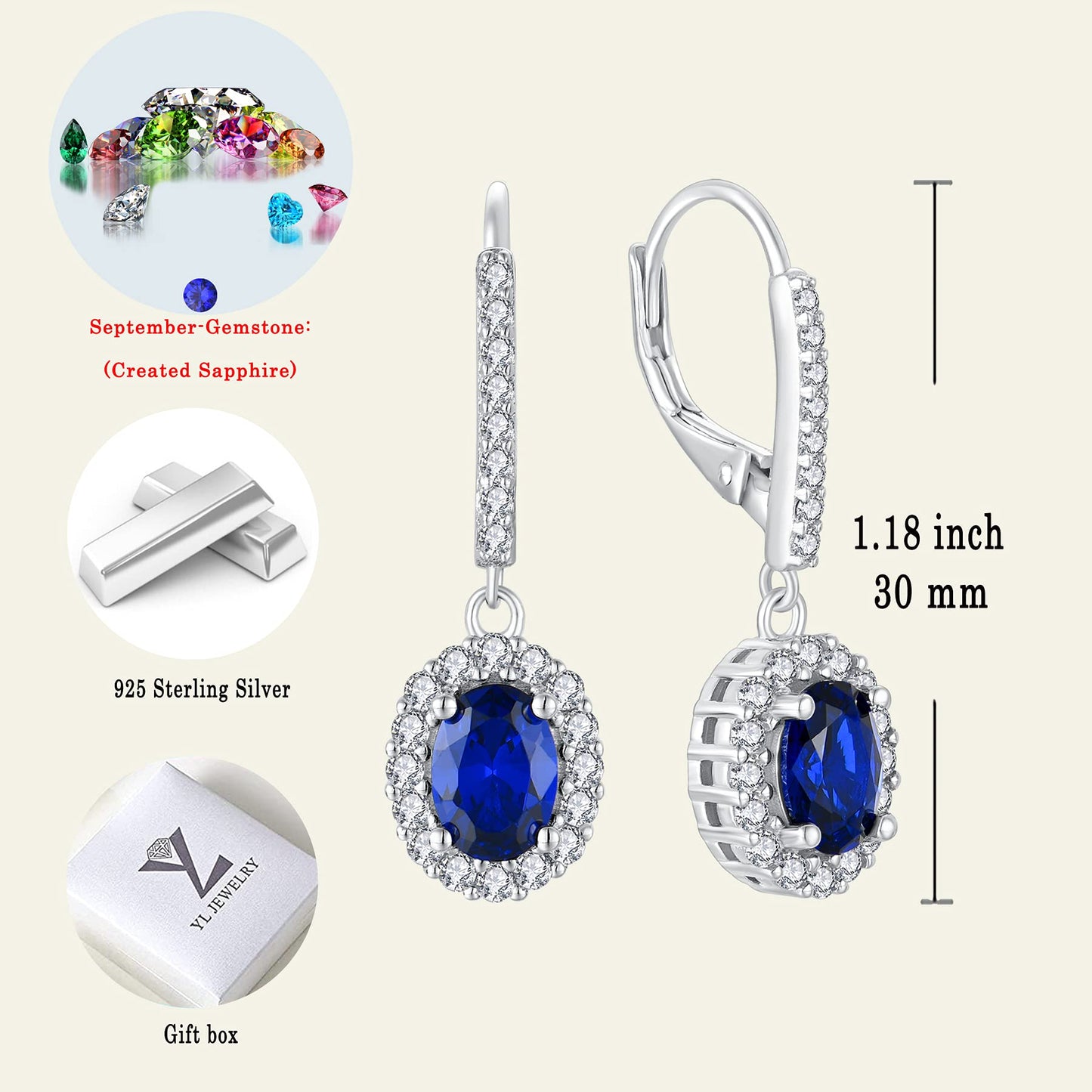 YL Created Blue Sapphire Drop Dangle Earrings for Women, Solid Sterling Silver Oval Cut Halo Gemstone Solitaire Leverback Jewelry Birthday Gifts Mother Her