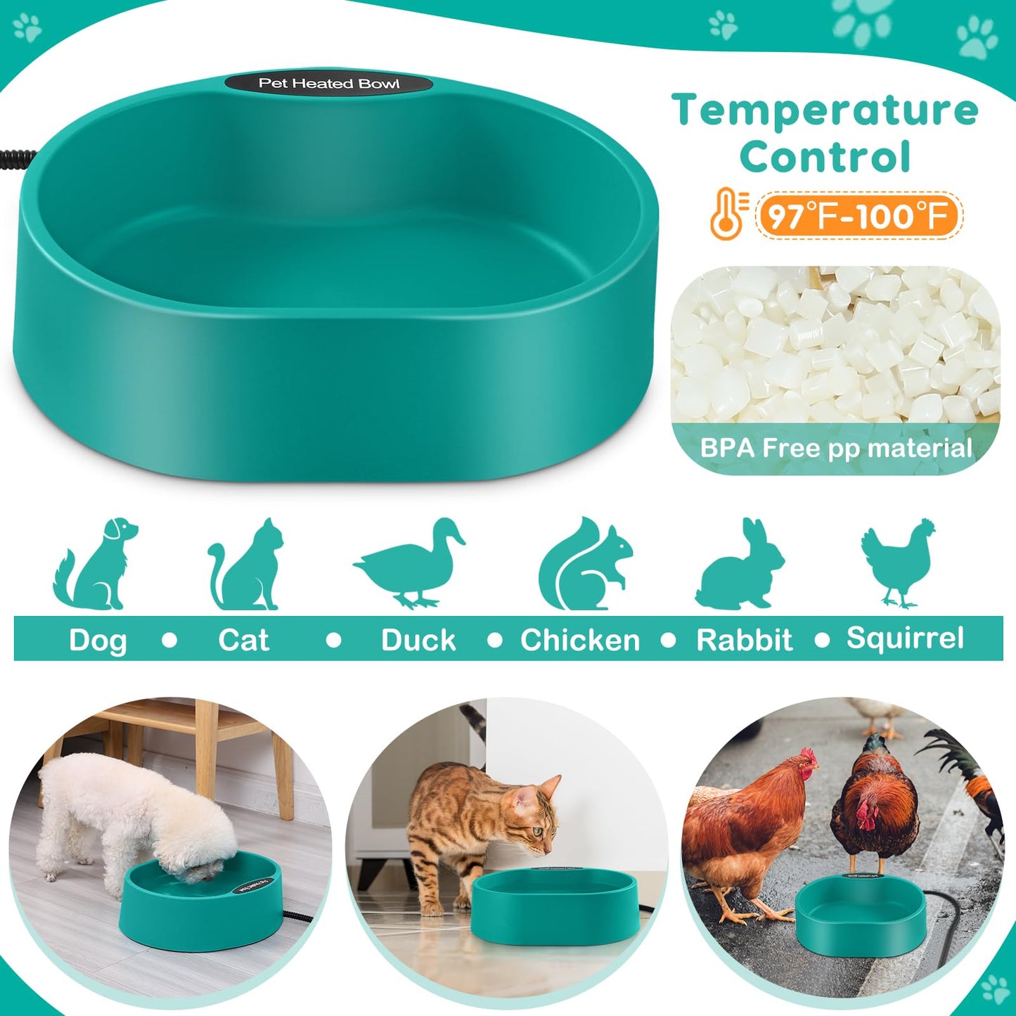 KEKELAN Heated Water Bowl for Dogs Cats Chickens Ducks in Winter Large Capacity Outside Water Dish for Outdoor Animal Pets Thermal Feeding Bowl with Thermostatic Control and Chew Resistant Cord